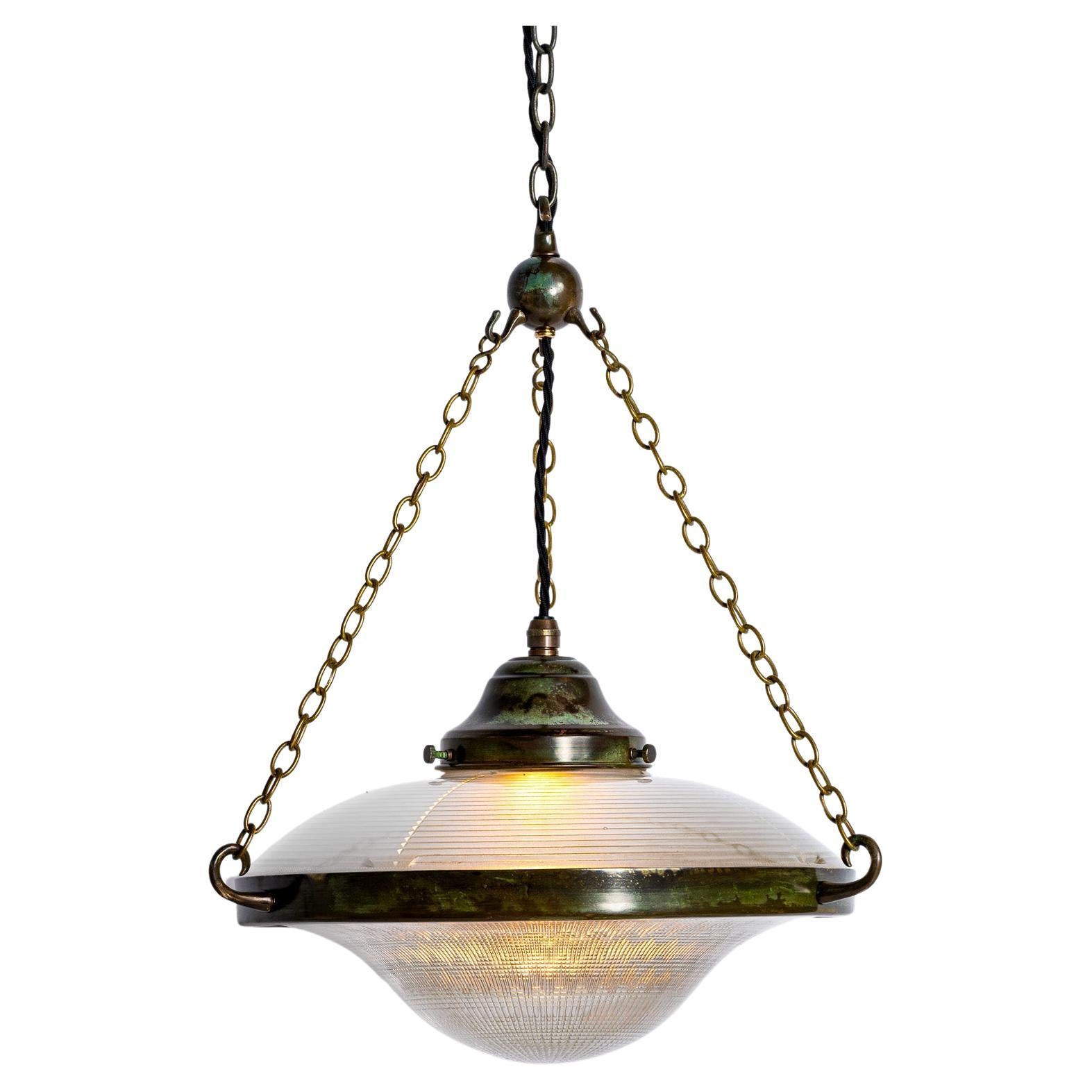 Large Holophane Ripplelite Pendant Lights In Aged Brass Frames (Run Of Six)