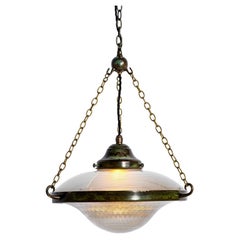 Large Holophane Ripplelite Pendant Lights In Aged Brass Frames (Run Of Six)