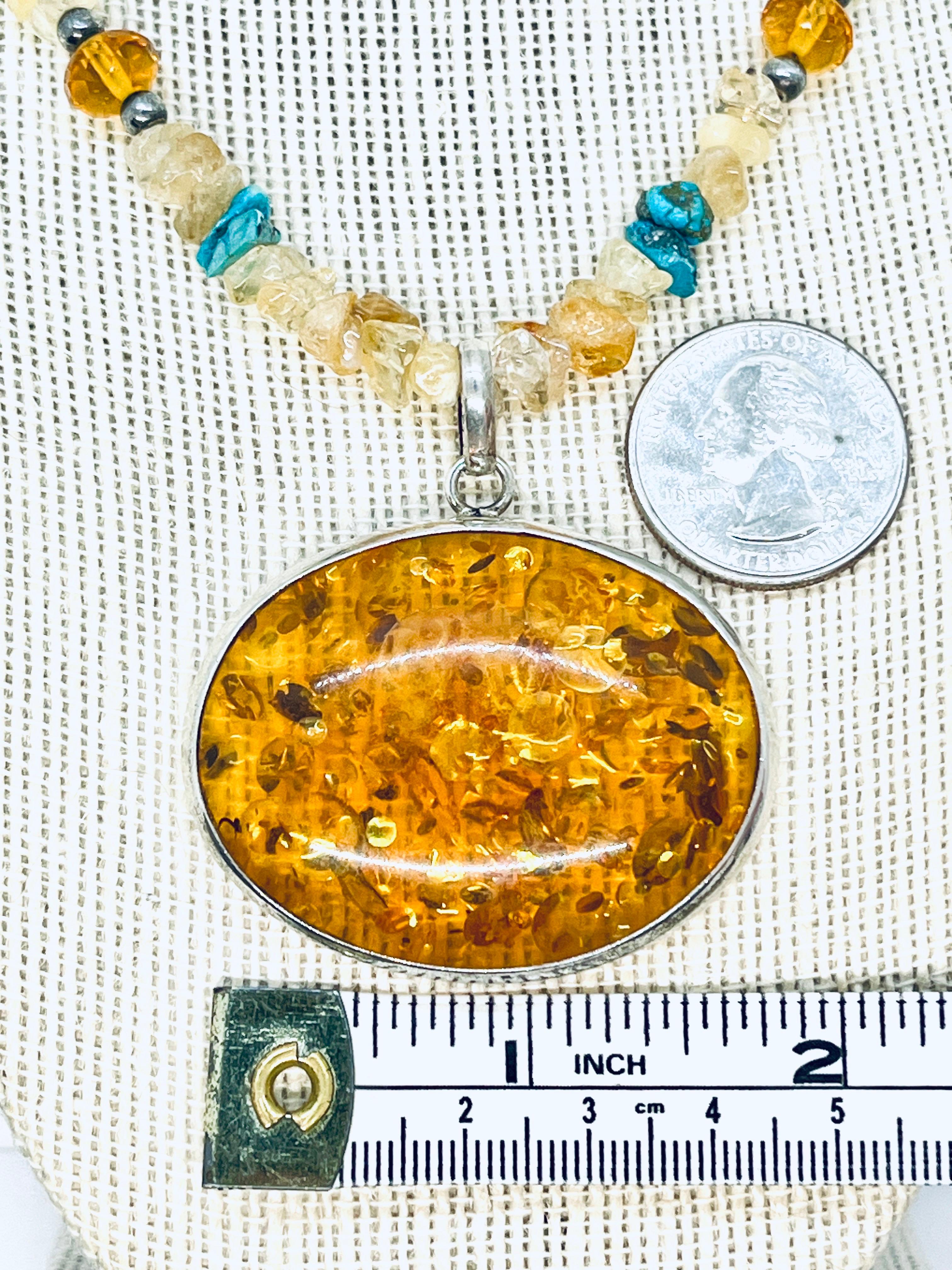 Native American Large Honey Amber Pendant 925 Silver Southwestern Necklace Earring Set For Sale