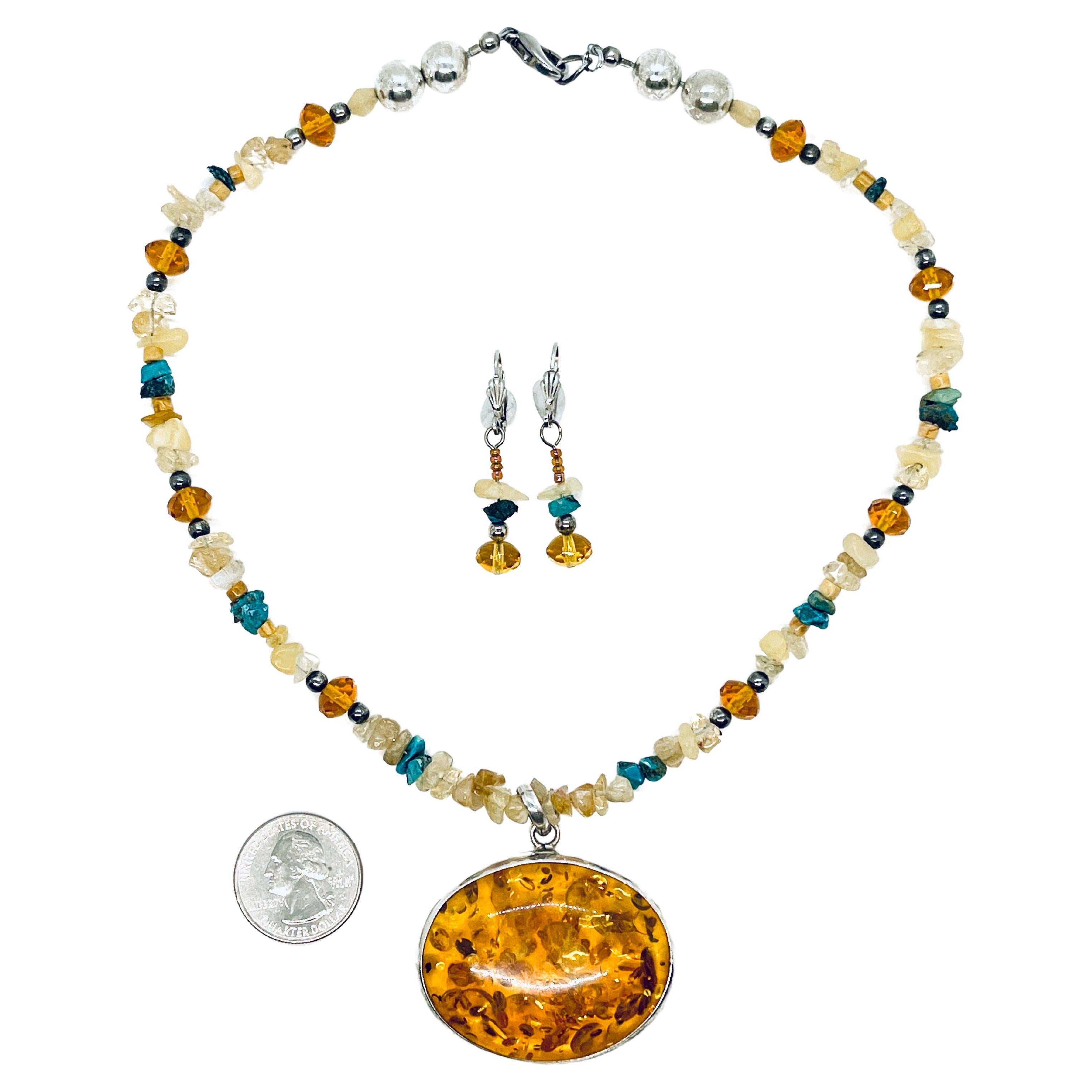 Large Honey Amber Pendant 925 Silver Southwestern Necklace Earring Set For Sale