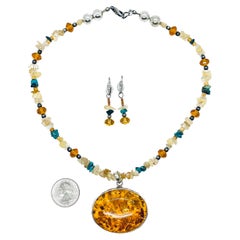 Retro Large Honey Amber Pendant 925 Silver Southwestern Necklace Earring Set