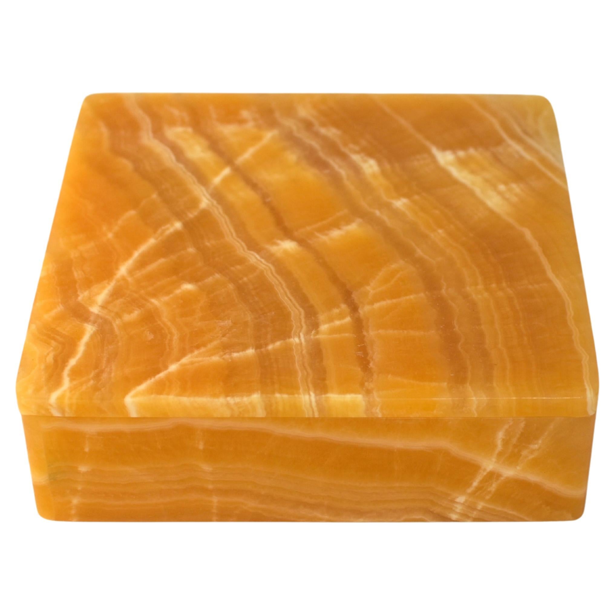 Large Honey Calcite Onyx Box 6" Square For Sale