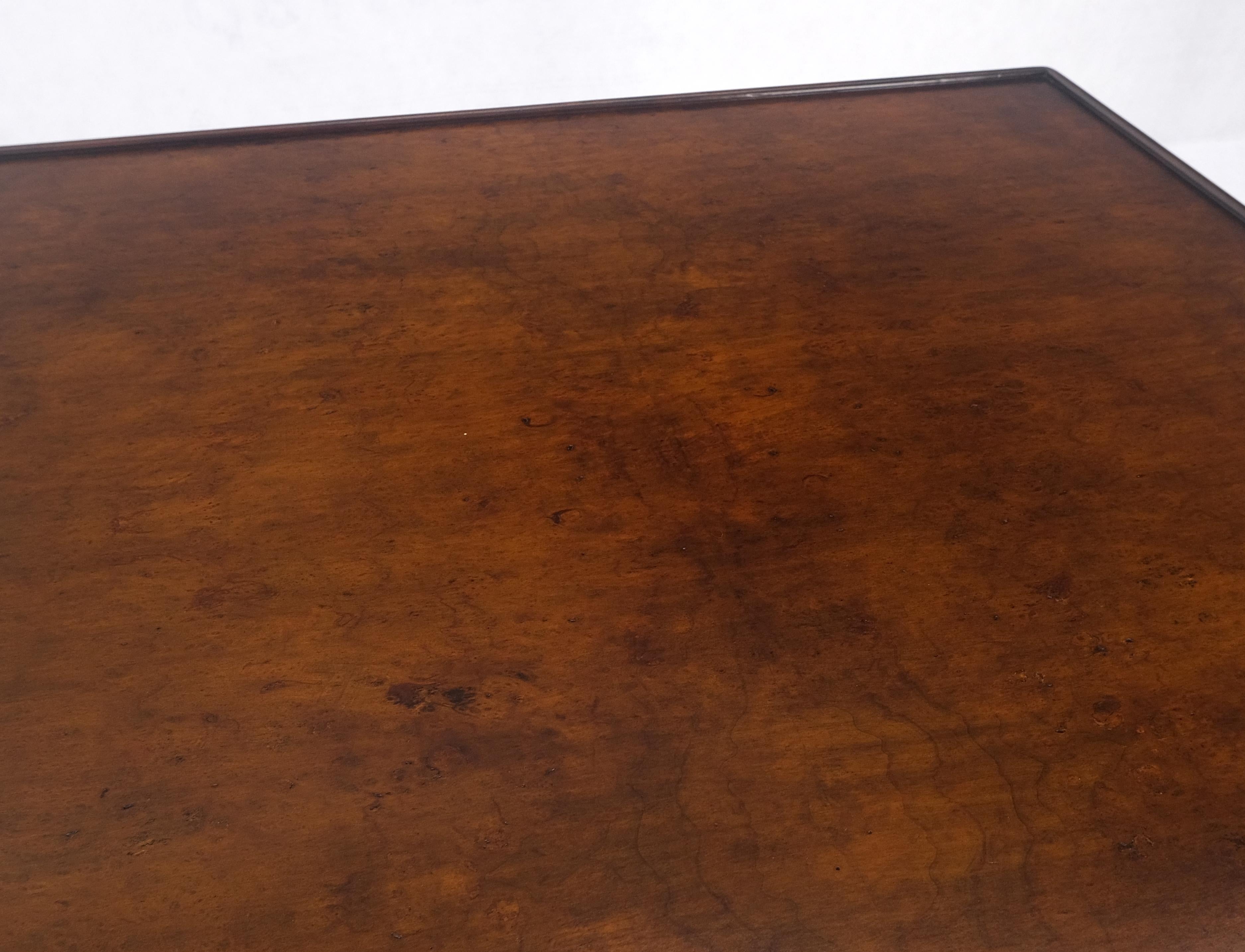 Large Honey Dark Amber Brown Burl Walnut Square Two Tier Coffee Table Wheel MINT In Excellent Condition For Sale In Rockaway, NJ
