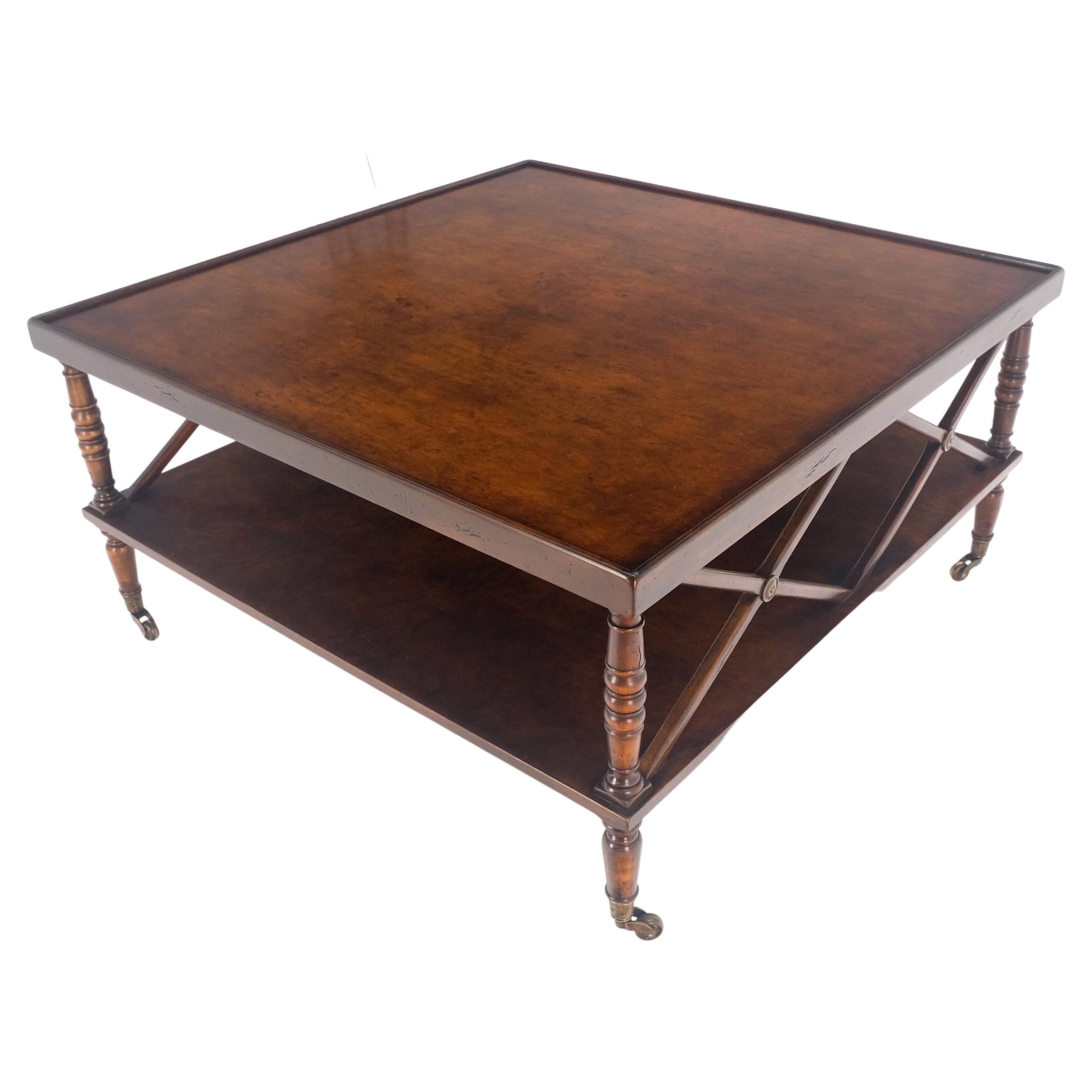 Large Honey Dark Amber Brown Burl Walnut Square Two Tier Coffee Table Wheel MINT For Sale