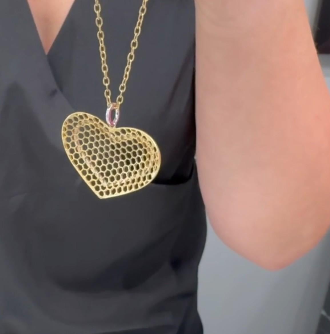 Women's Large Honeycomb Heart Diamond Necklace with Matte Finish in 18K Yellow Gold For Sale