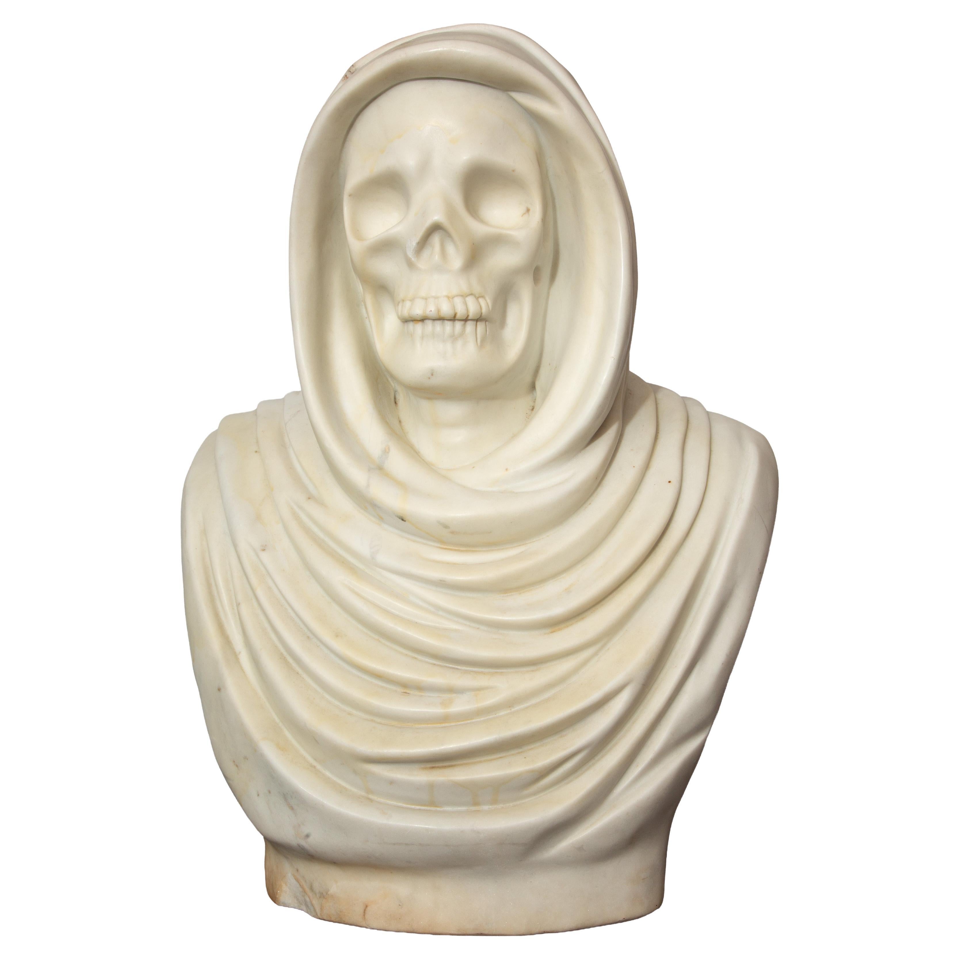 Large Hooded Memento Mori Marble Bust 22.5"H