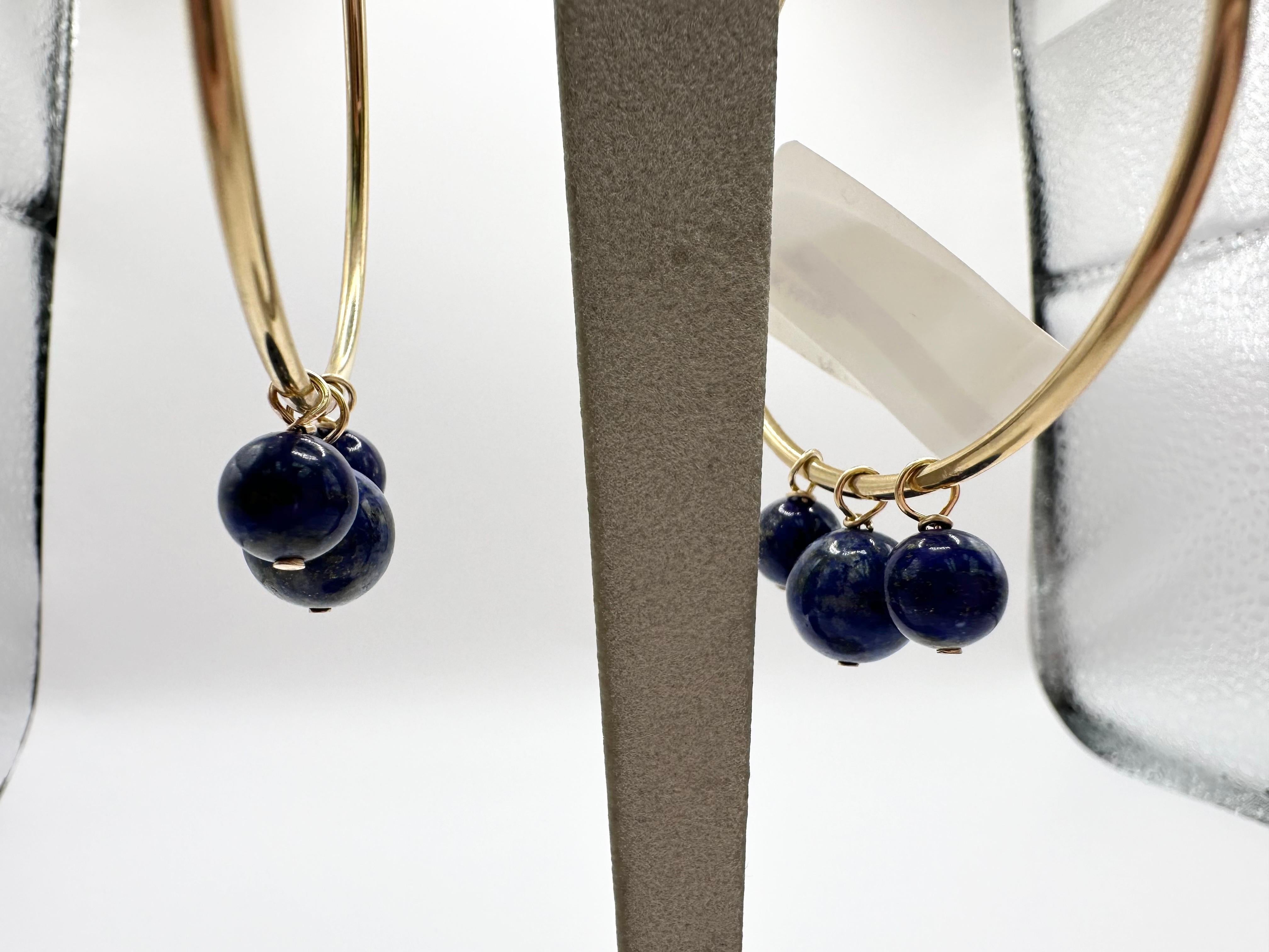 Large hoop earrings 14KT gold lapis lazuli beads earrings For Sale 1