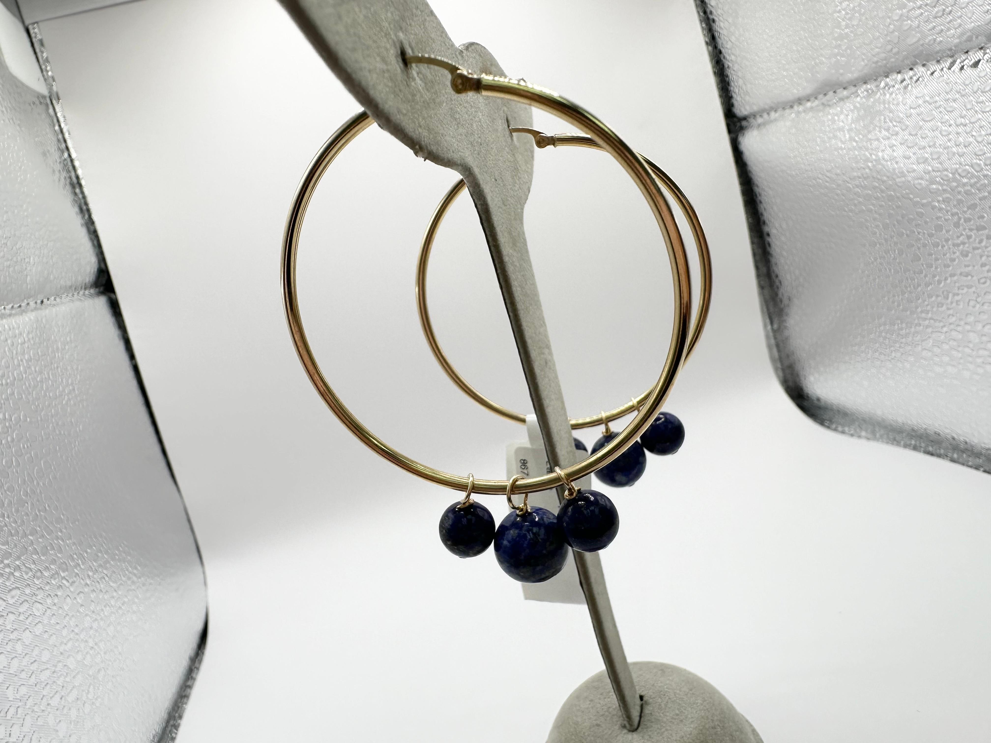 Large hoop earrings 14KT gold lapis lazuli beads earrings For Sale 2
