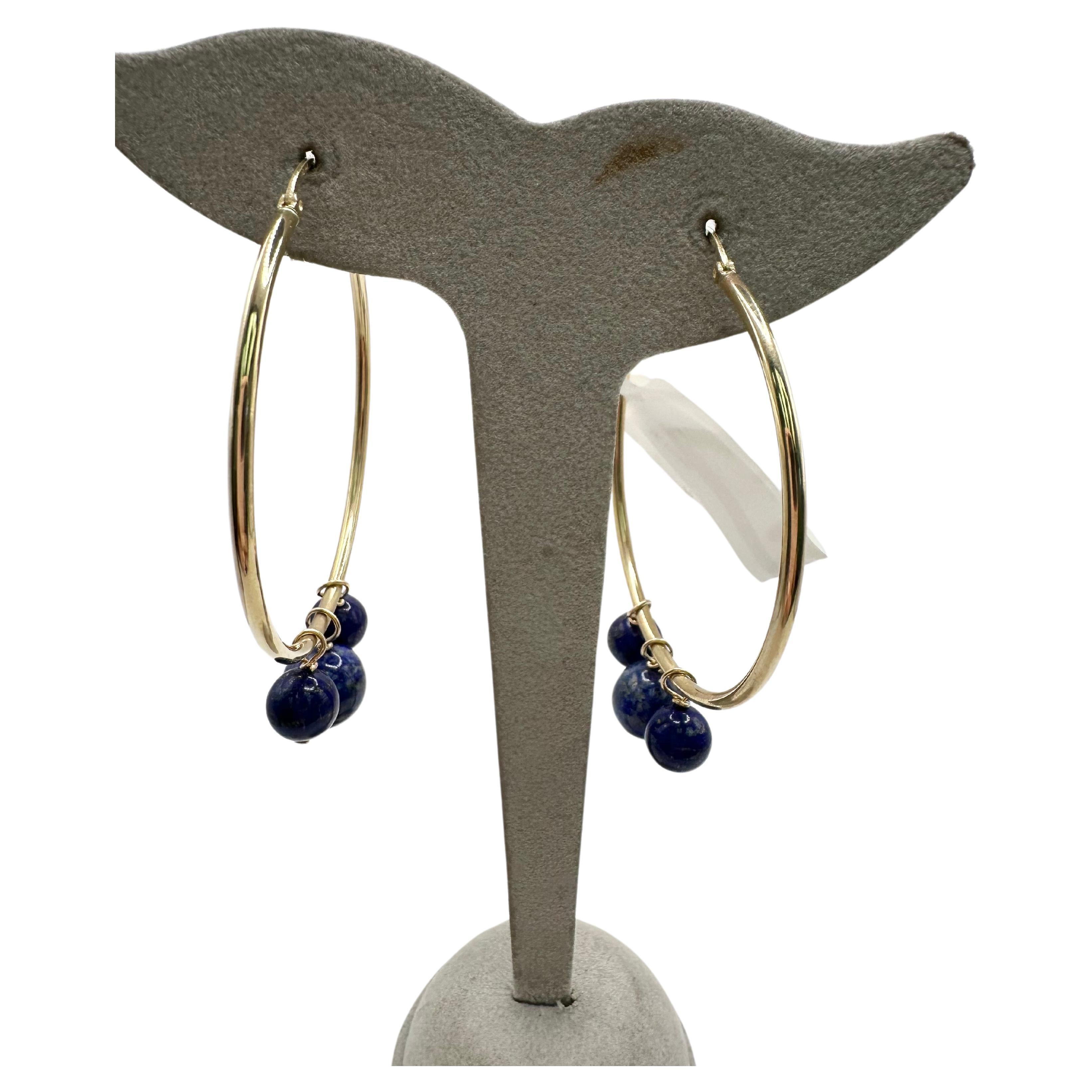 Large hoop earrings 14KT gold lapis lazuli beads earrings For Sale