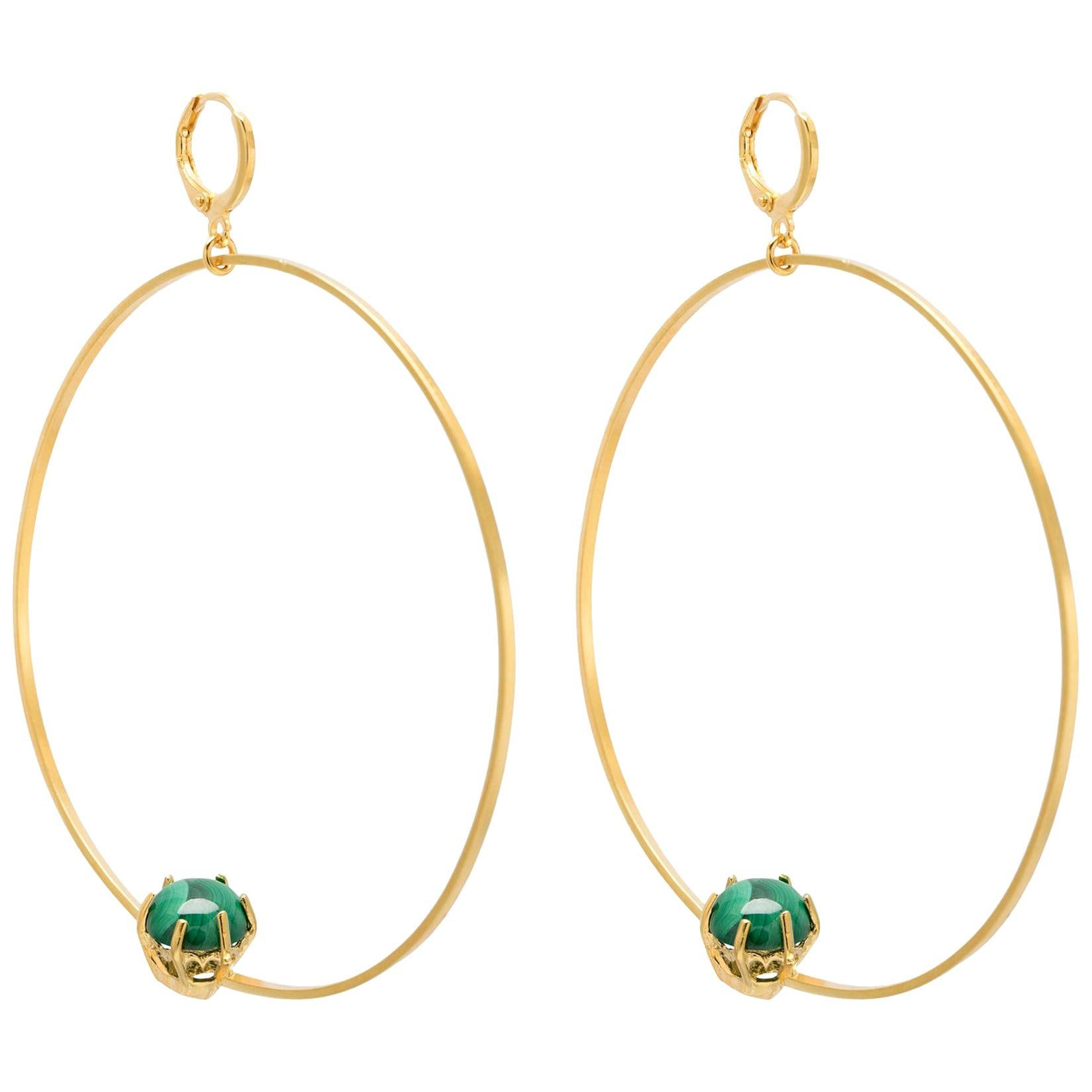 Large Hoop Earrings in Gold plated Silver and Malachite Round Stone For Sale