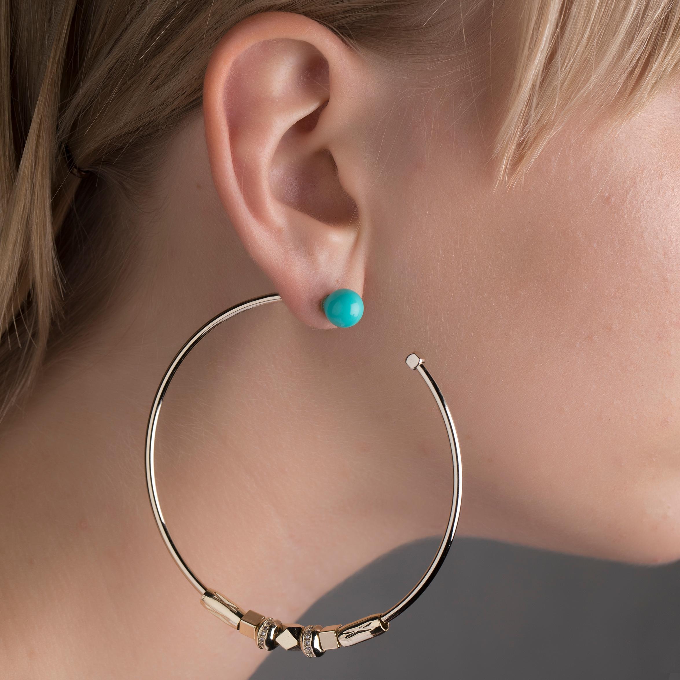 Contemporary Large Hoop Earrings with Turquoise and Pearl stoppers from IOSSELLIANI For Sale