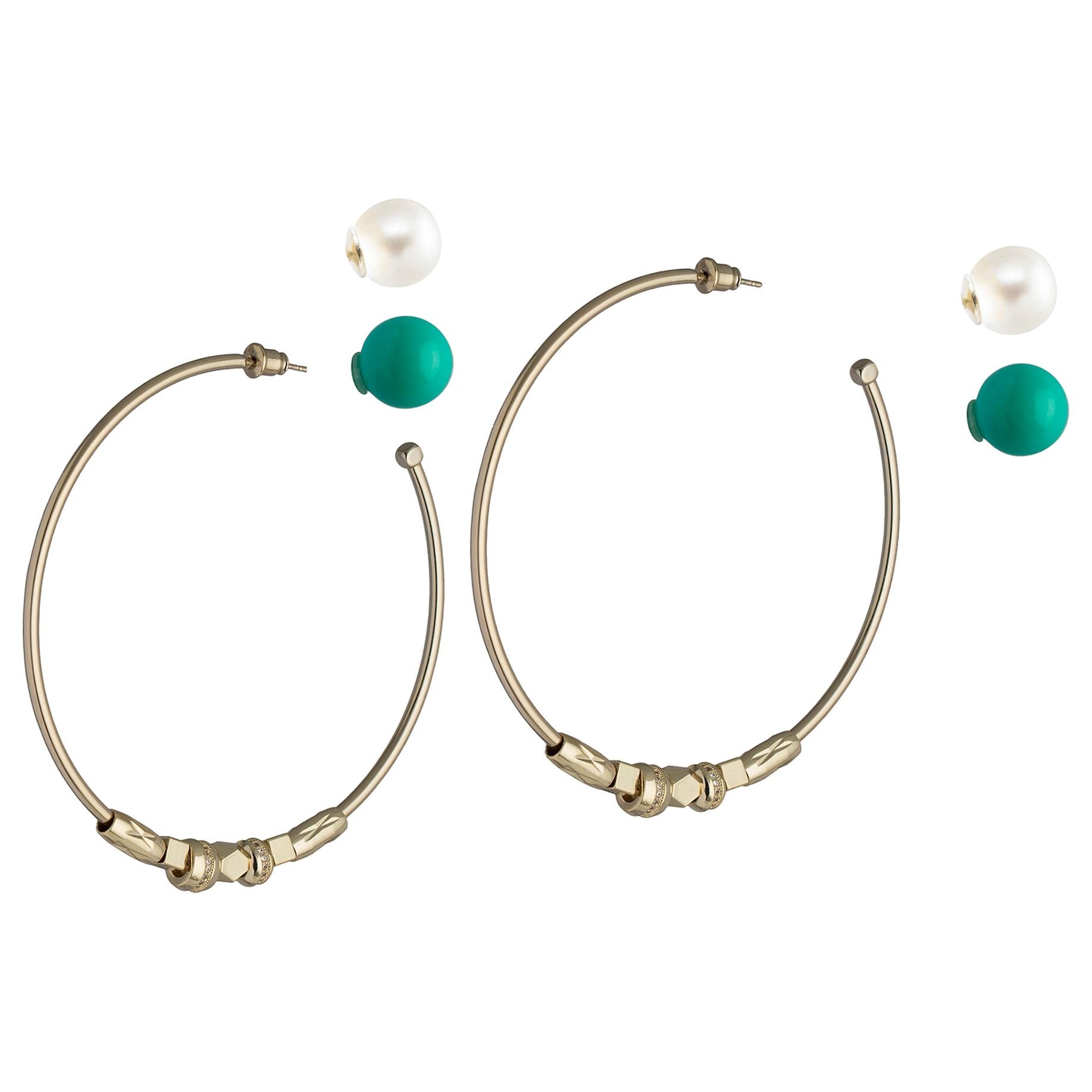 Round Cut Large Hoop Earrings with Turquoise and Pearl stoppers from IOSSELLIANI For Sale