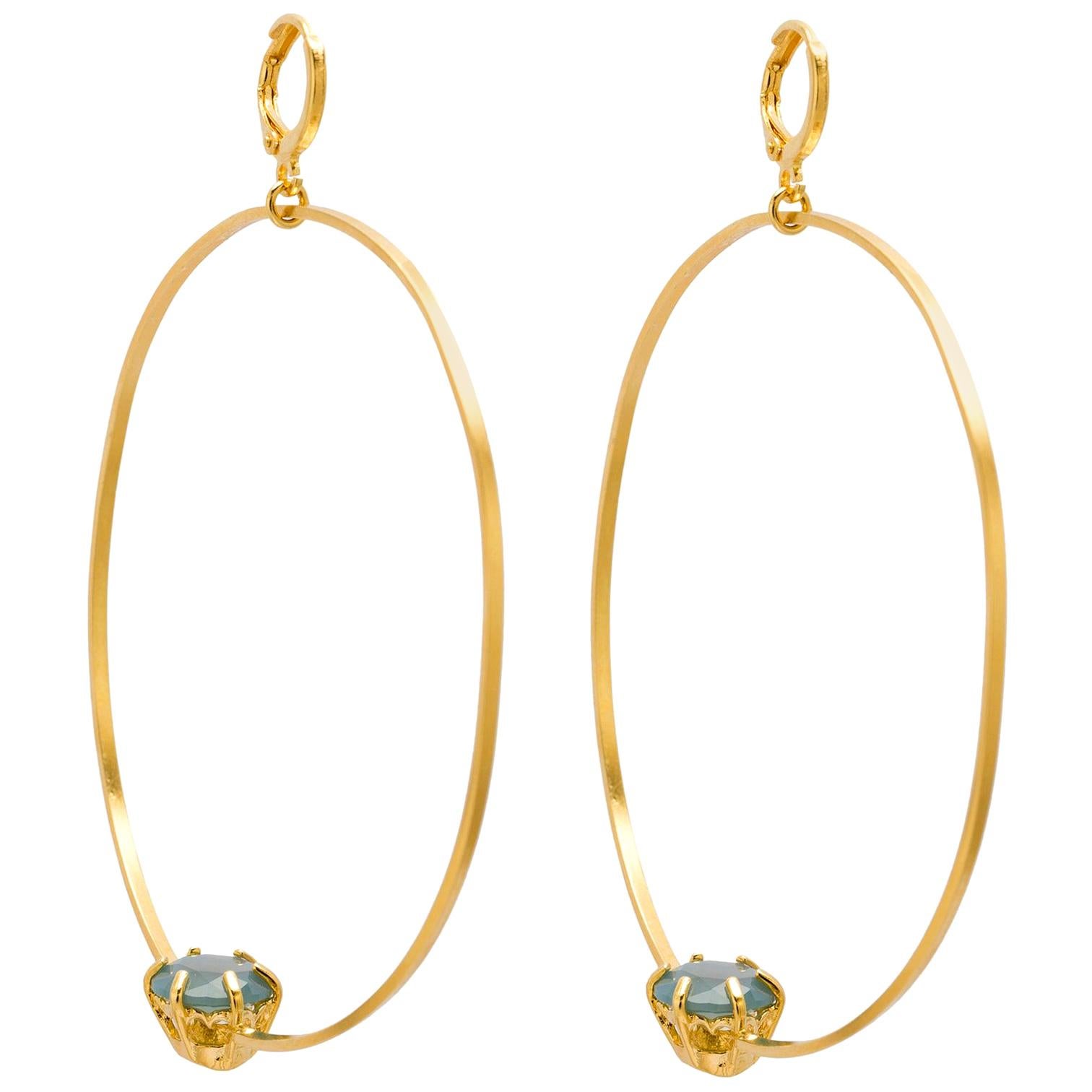 Large Hoop Gold Plated Silver Earrings with Reversed Stone For Sale