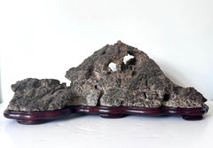 Large Horizontal Chinese Lingbi Scholar Stone on Display Stand