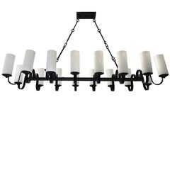 Large Horizontal Iron Chandelier with Milk Glass Shades