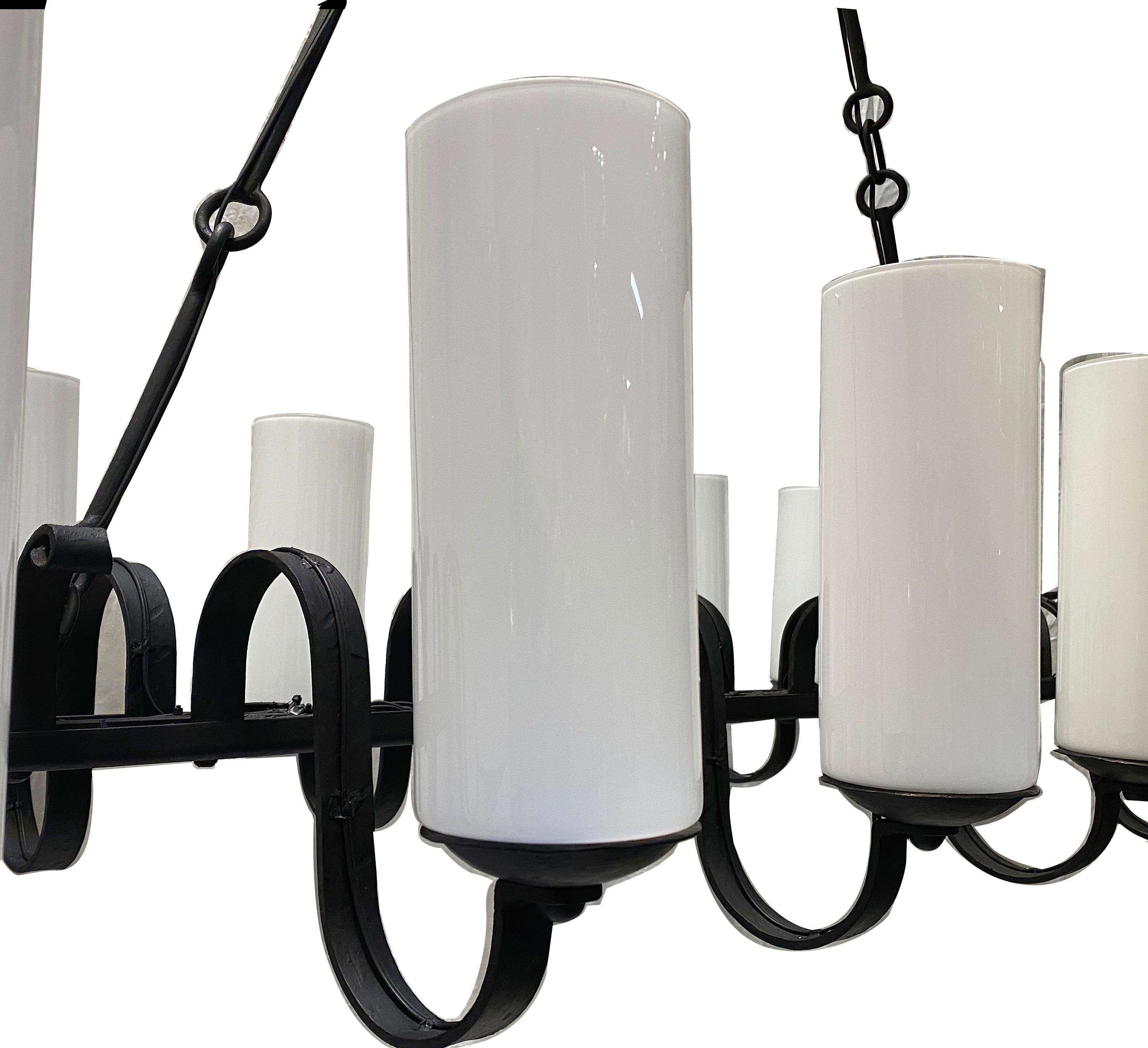 Molded Large Horizontal Iron Chandelier with Milk Glass Shades For Sale