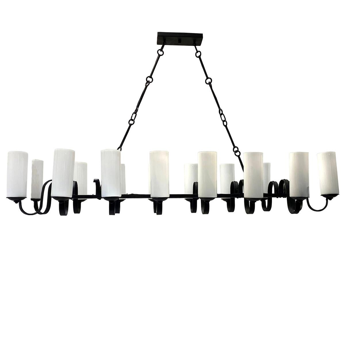 Large Horizontal Iron Chandelier with Milk Glass Shades