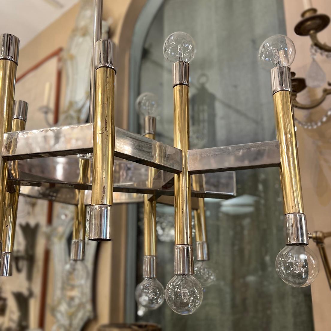 Italian Large Horizontal Nickel and Brass Light Fixture For Sale