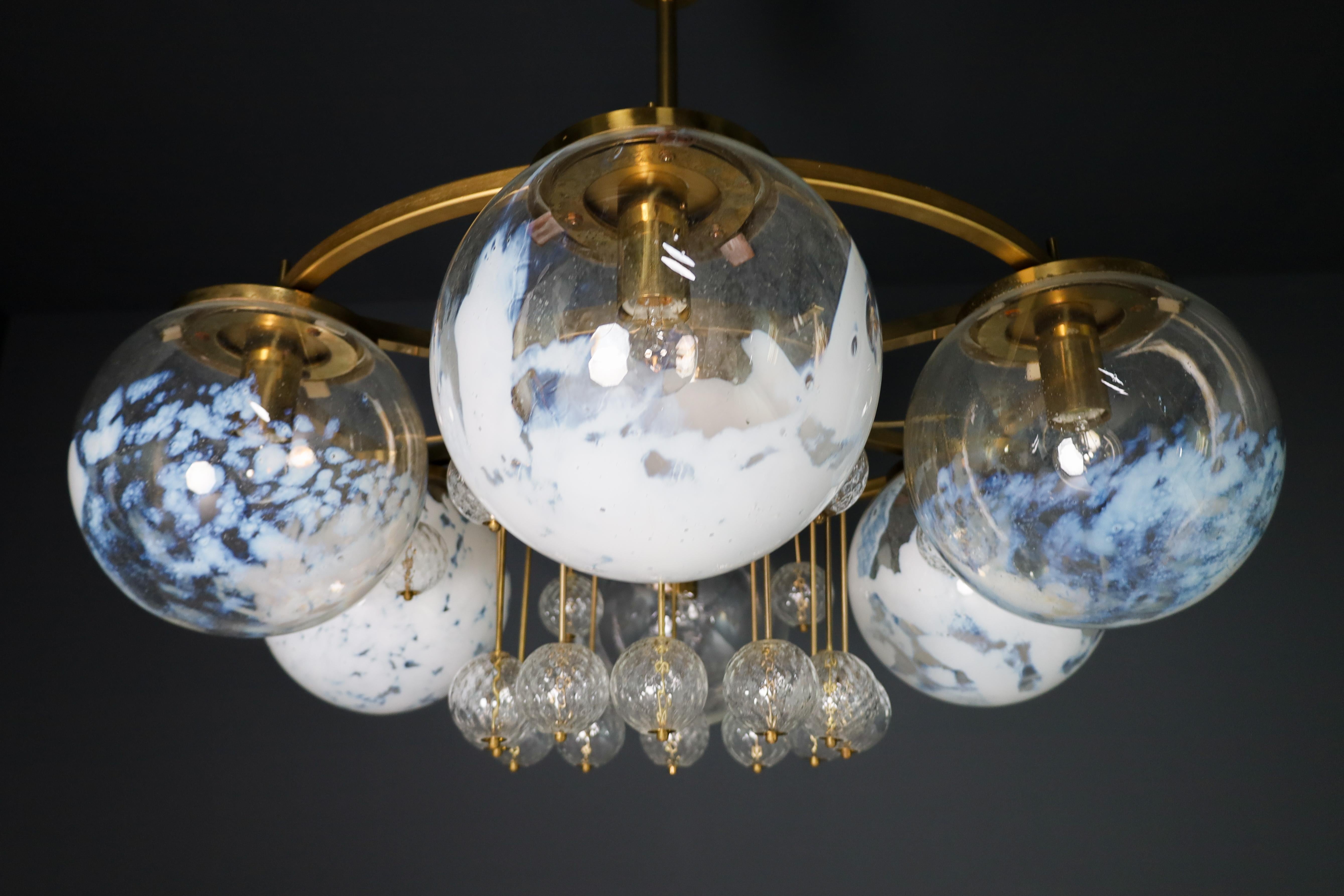 Large Hotel Chandelier in Brass and Hand Blown Glass 1950s 9