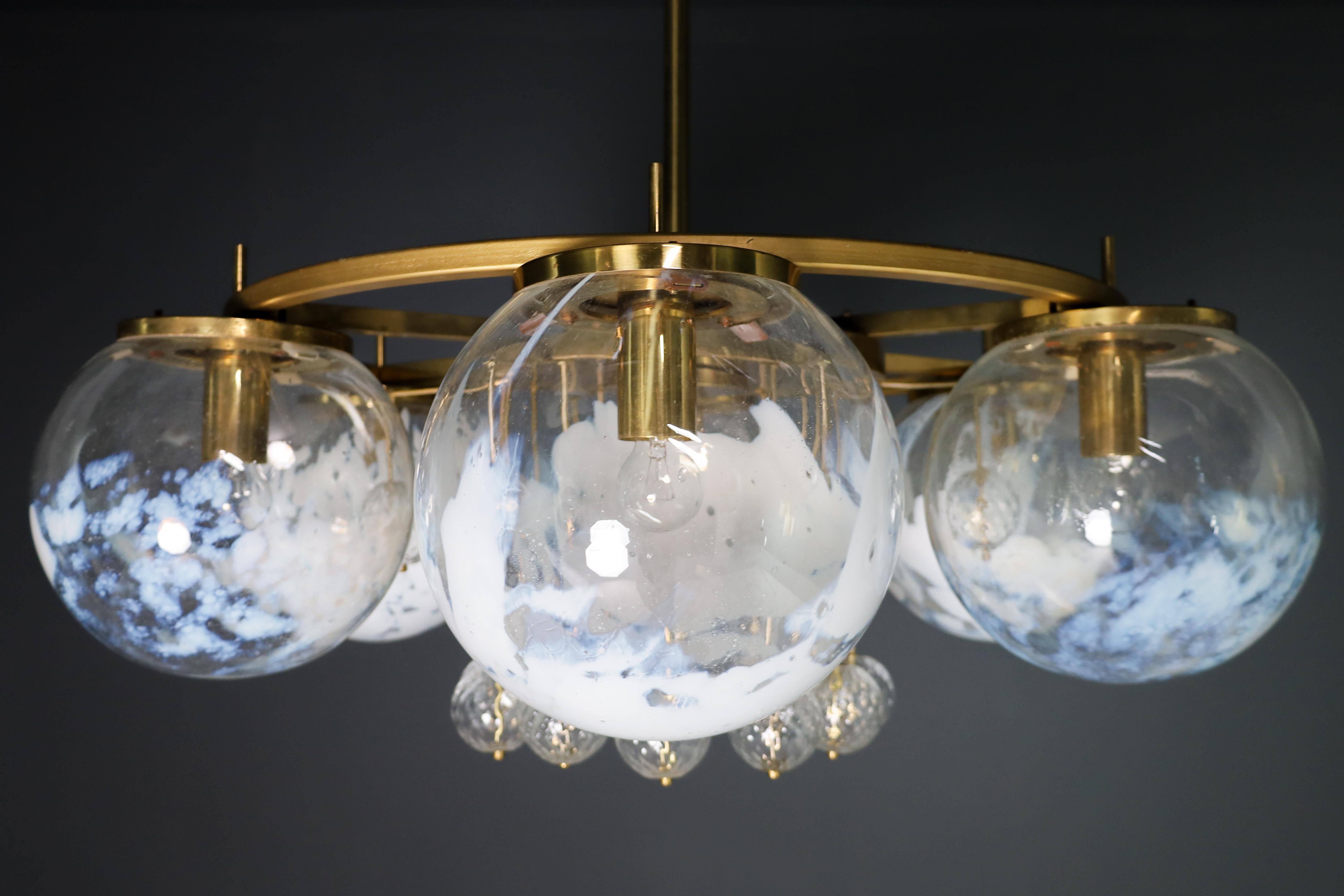 Large Hotel Chandelier in Brass and Hand Blown Glass 1950s 10