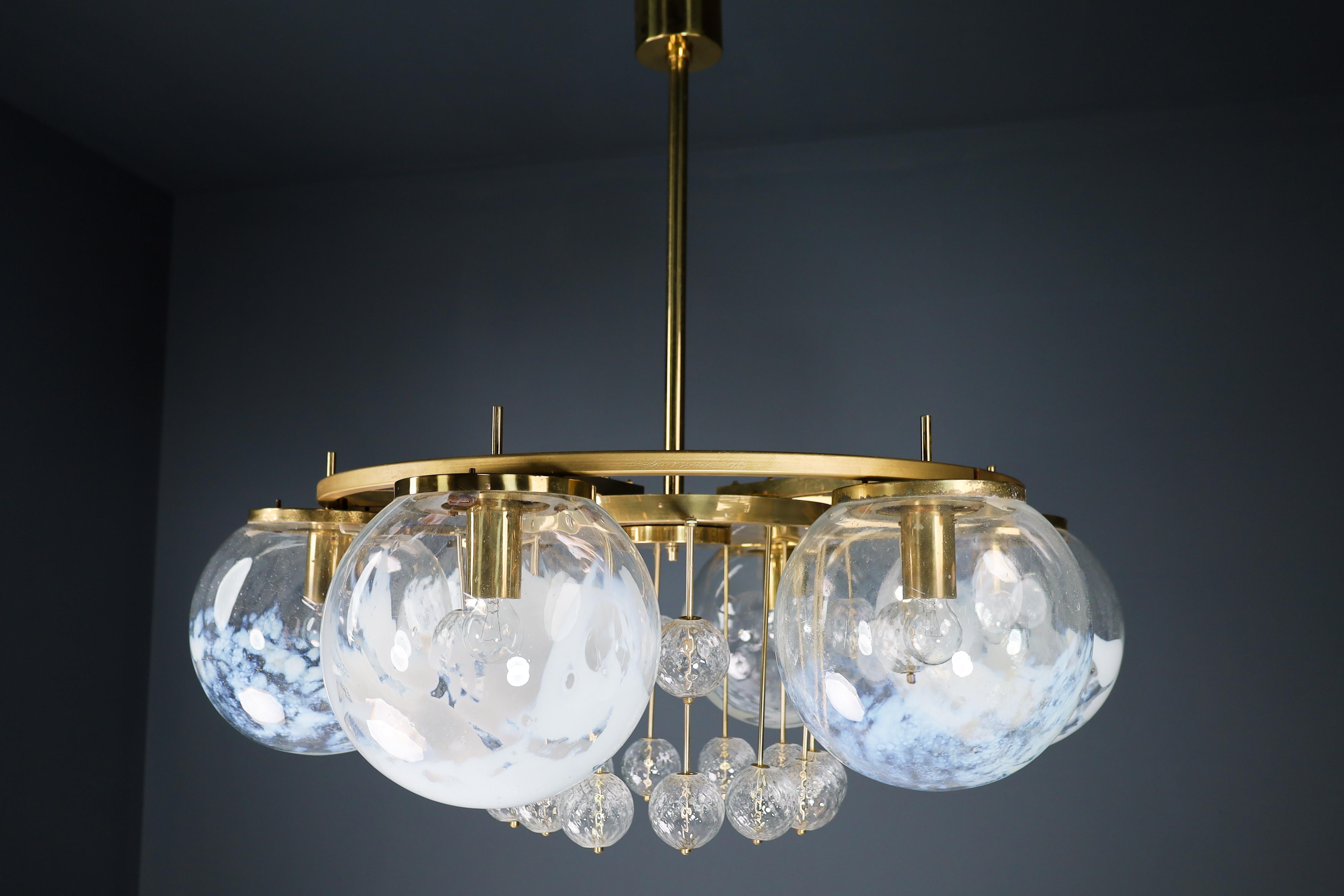 Mid-Century Modern Large Hotel Chandelier in Brass and Hand Blown Glass 1950s