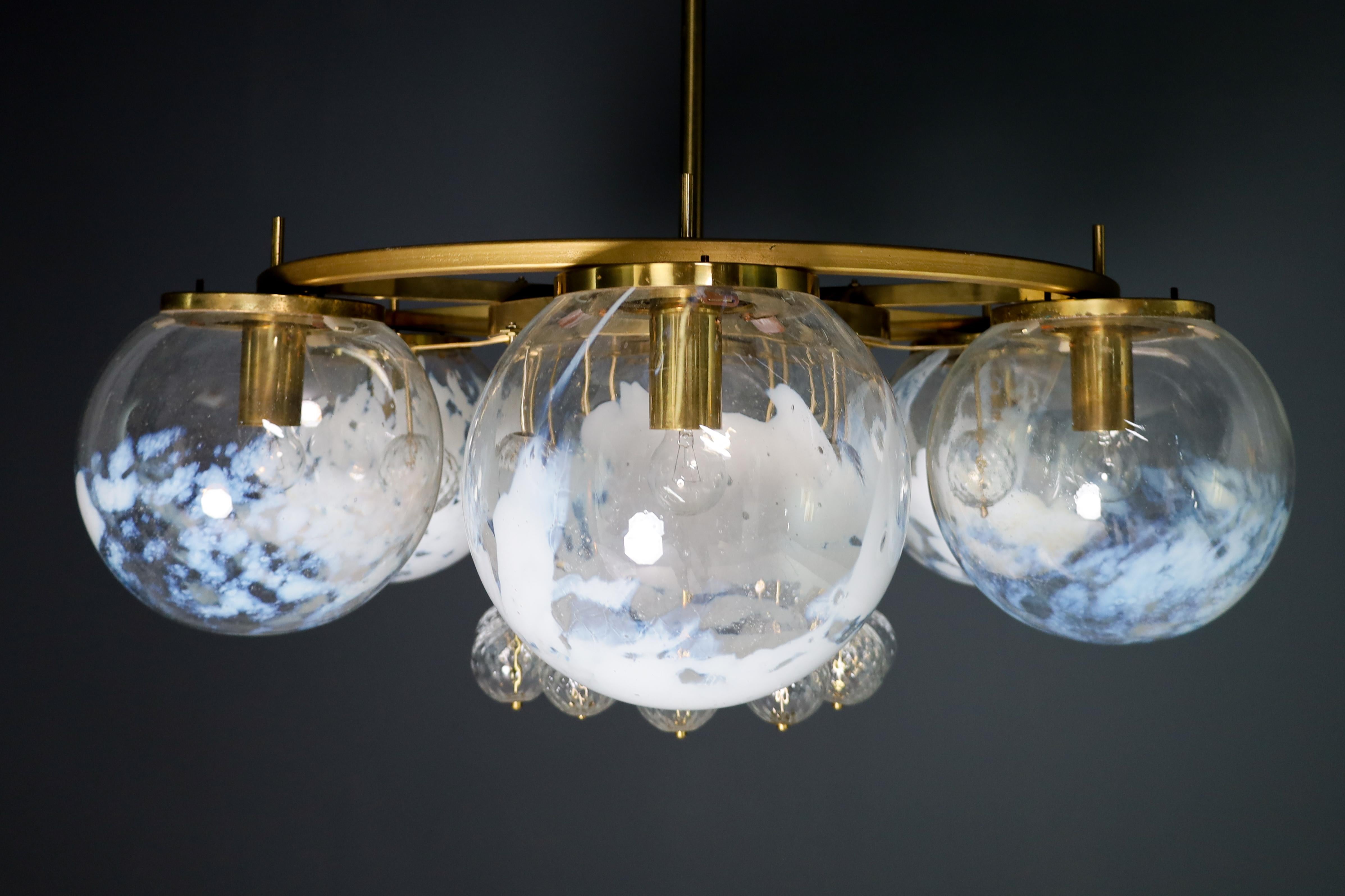 Czech Large Hotel Chandelier in Brass and Hand Blown Glass 1950s