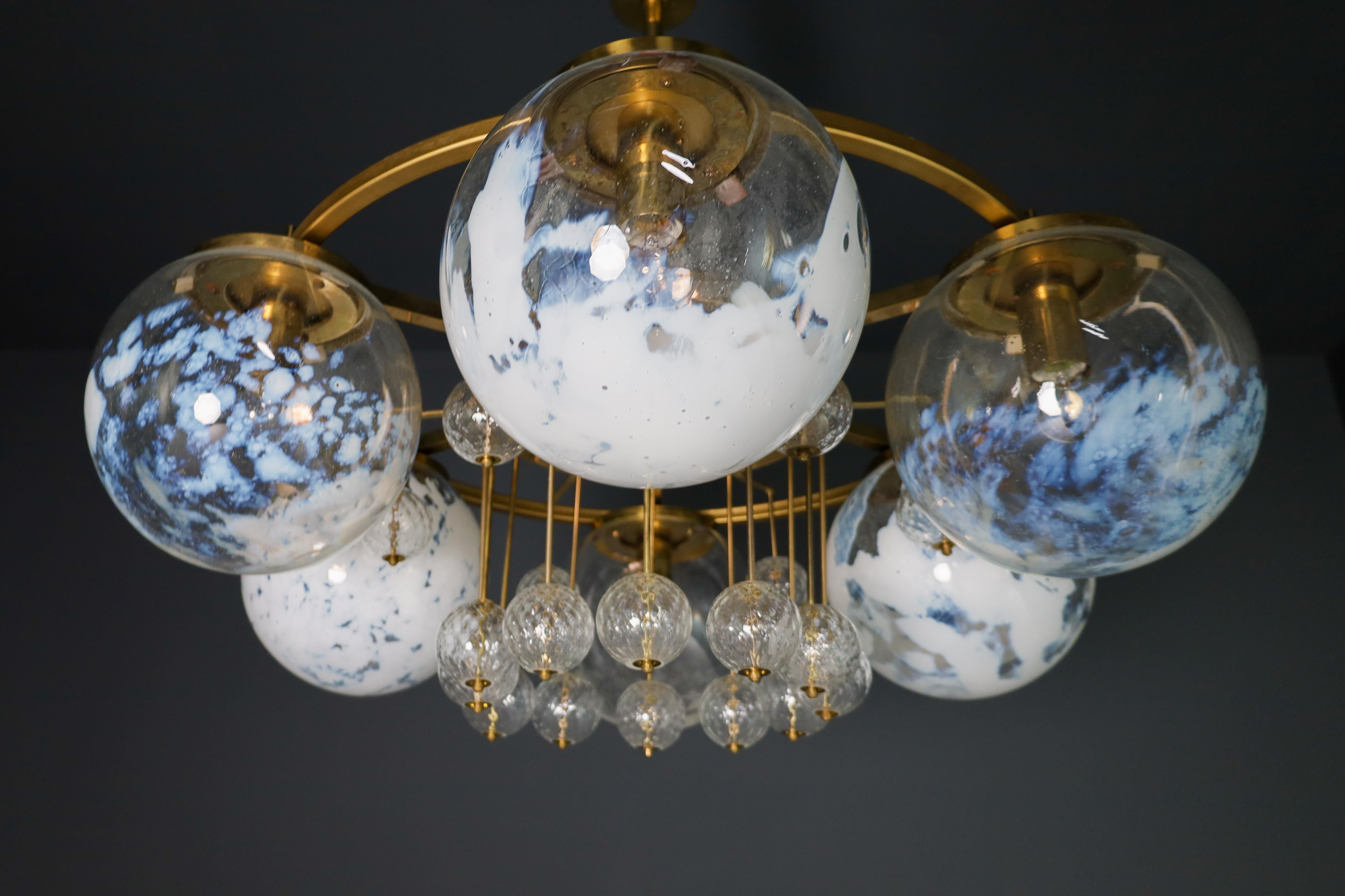 Large Hotel Chandelier in Brass and Hand Blown Glass 1950s In Good Condition In Almelo, NL