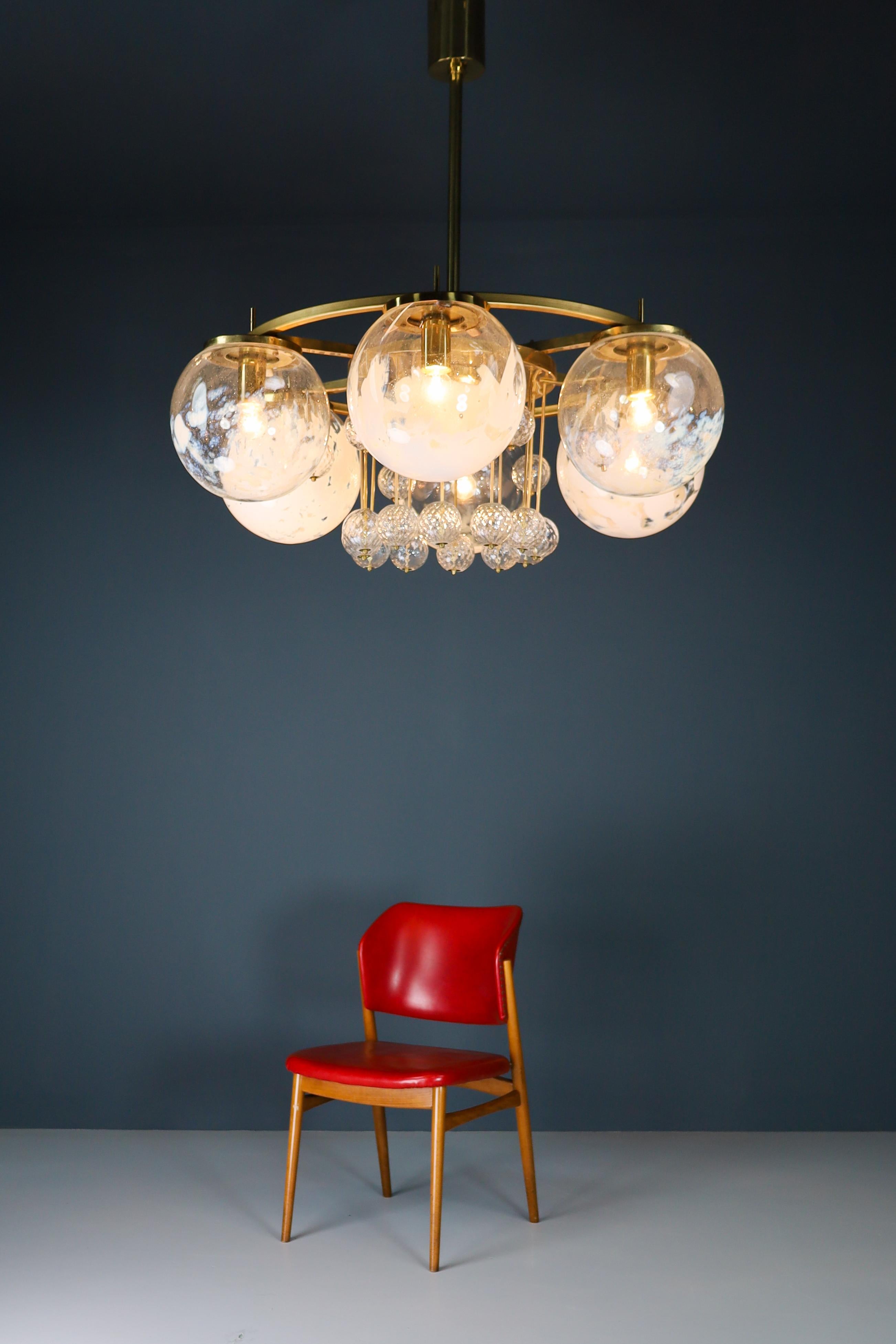 20th Century Large Hotel Chandelier in Brass and Hand Blown Glass 1950s