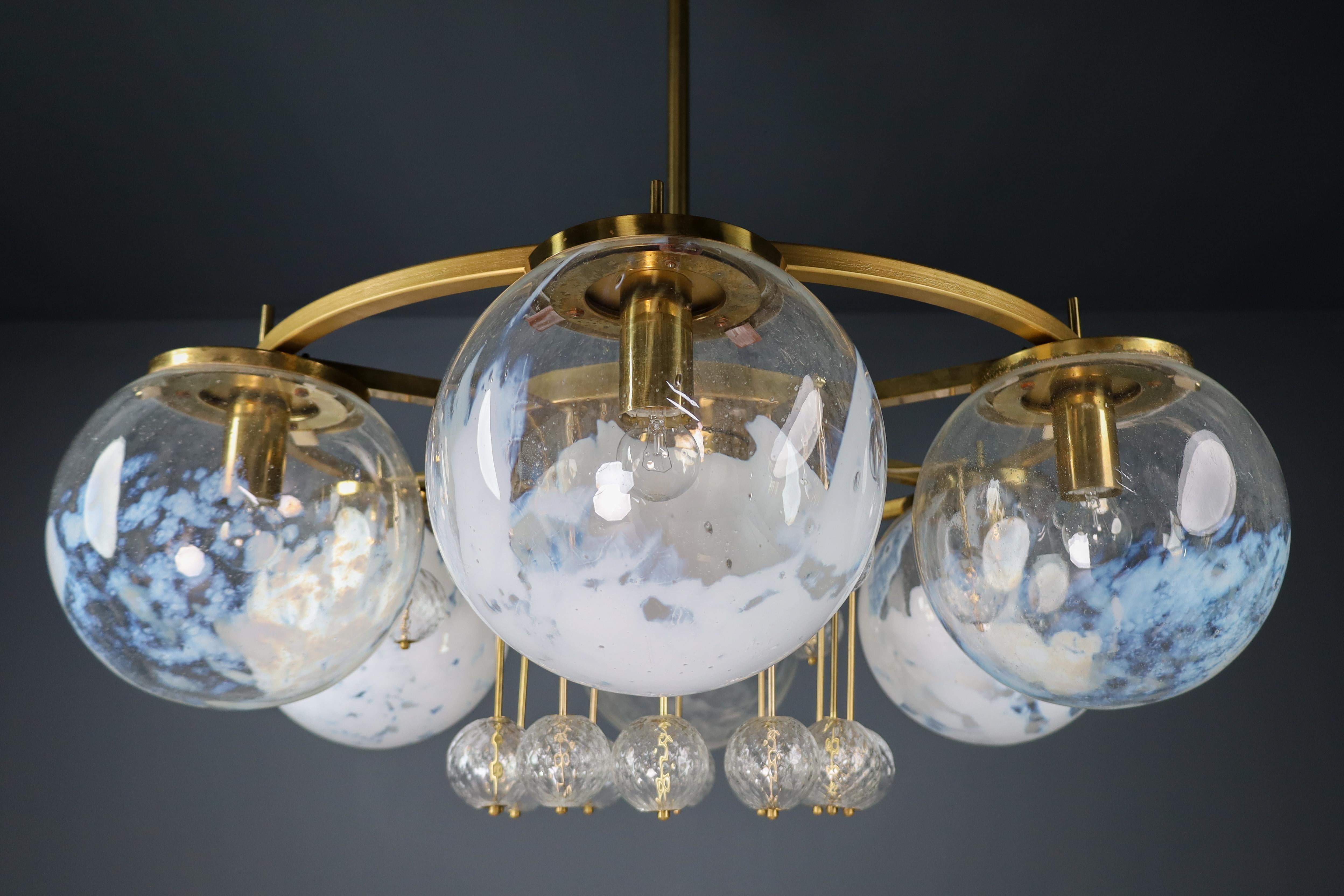 Large Hotel Chandelier in Brass and Hand Blown Glass 1950s 2