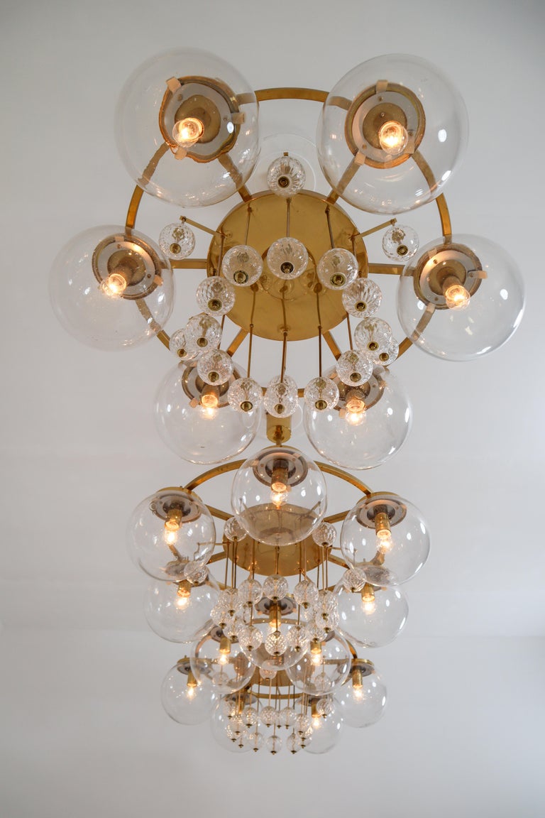  Large Hotel Chandelier in Brass and Hand Blown Glass, Europe, 1970s For Sale 6