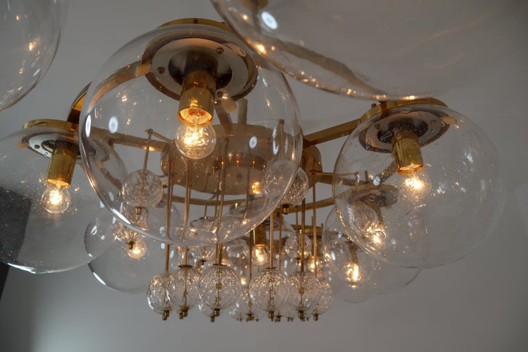 Mid-Century Modern  Large Hotel Chandelier in Brass and Hand Blown Glass, Europe, 1970s For Sale