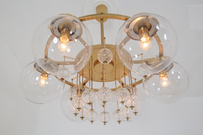 European  Large Hotel Chandelier in Brass and Hand Blown Glass, Europe, 1970s For Sale