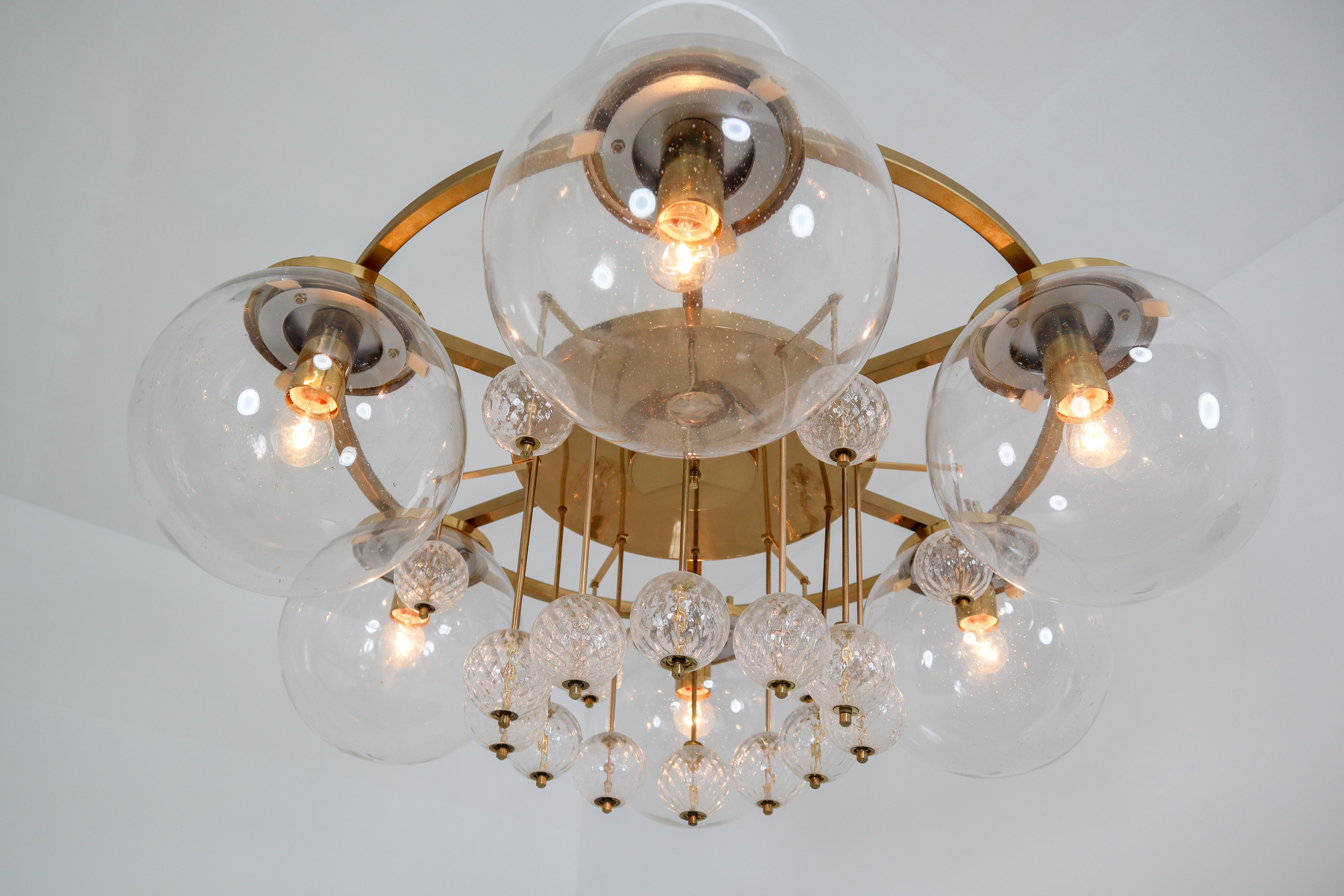 European  Large Hotel Chandelier in Brass and Hand Blown Glass, Europe, 1970s