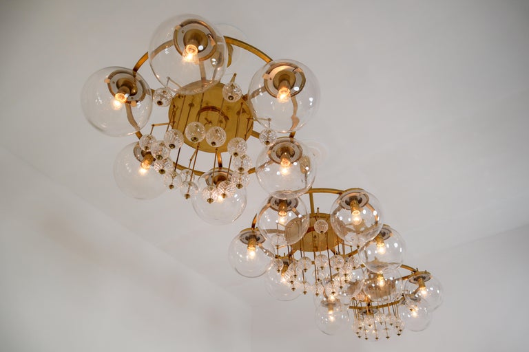 20th Century  Large Hotel Chandelier in Brass and Hand Blown Glass, Europe, 1970s For Sale