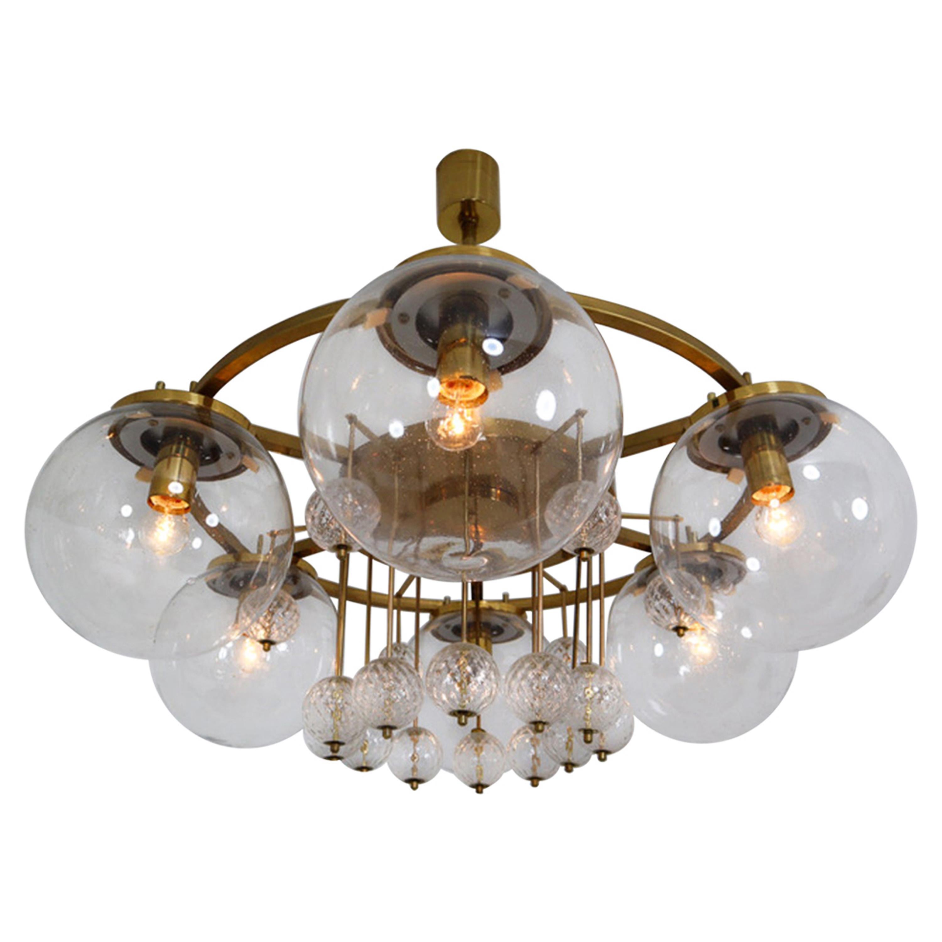  Large Hotel Chandelier in Brass and Hand Blown Glass, Europe, 1970s