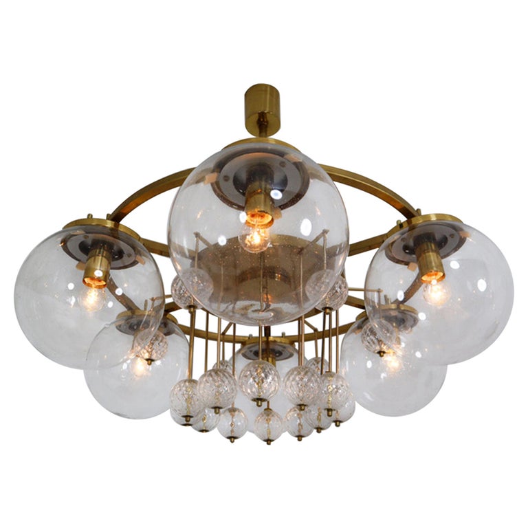  Large Hotel Chandelier in Brass and Hand Blown Glass, Europe, 1970s For Sale