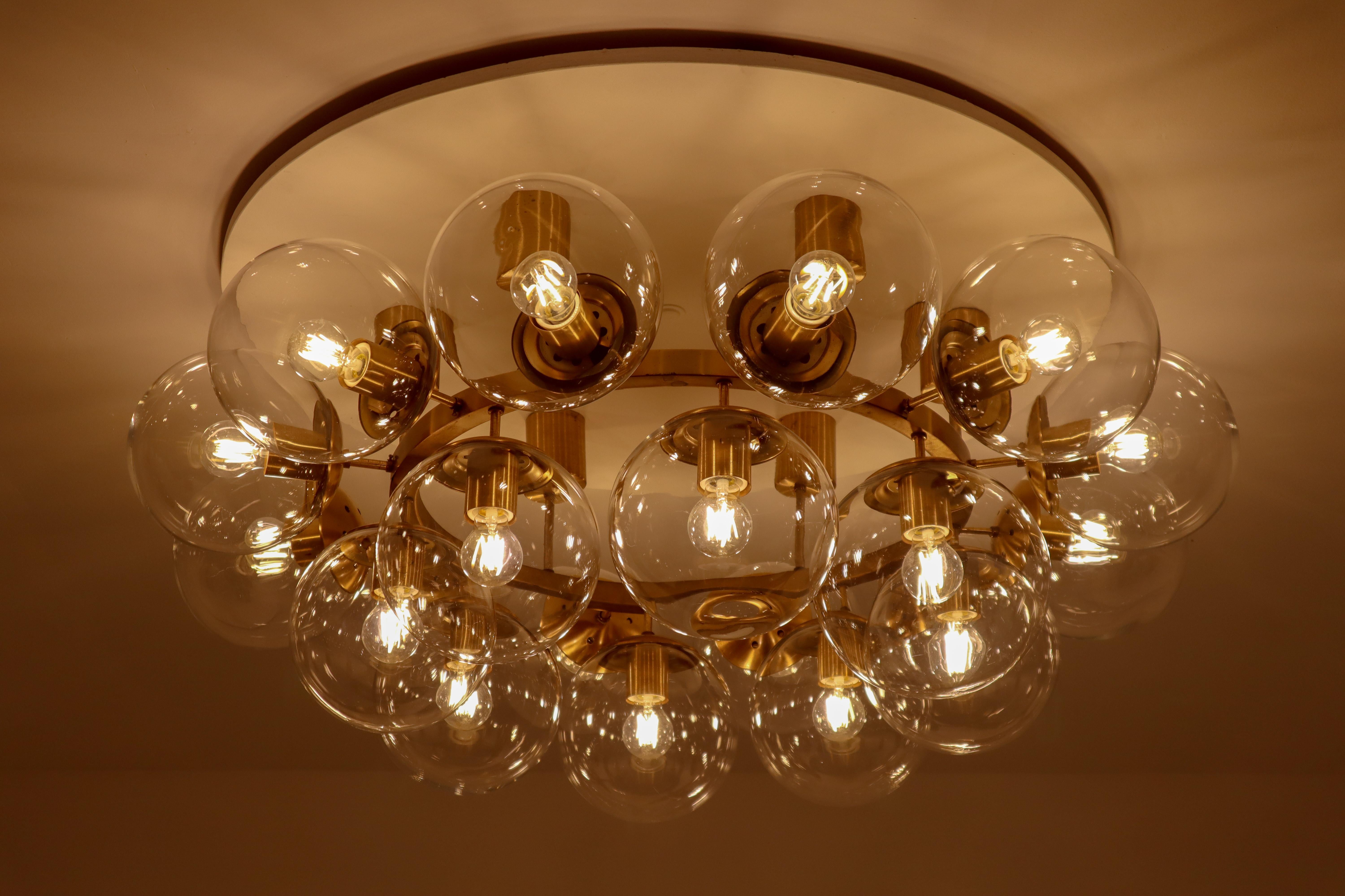 Large Hotel Chandelier in Brass Fixture and 20 Large Hand-Blowed Glass Globes  4