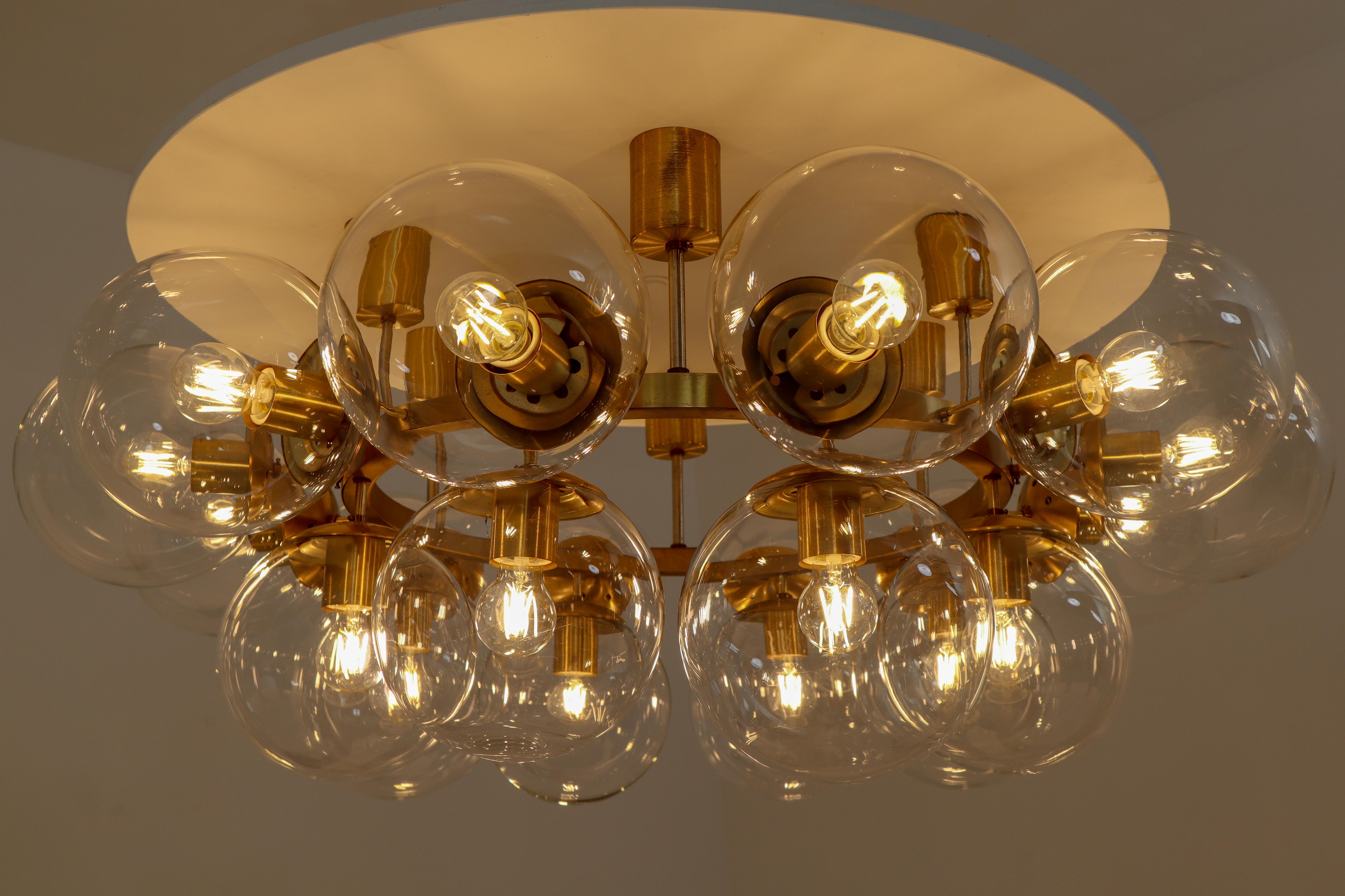 Large Hotel Chandelier in Brass Fixture and 20 Large Hand-Blowed Glass Globes  11