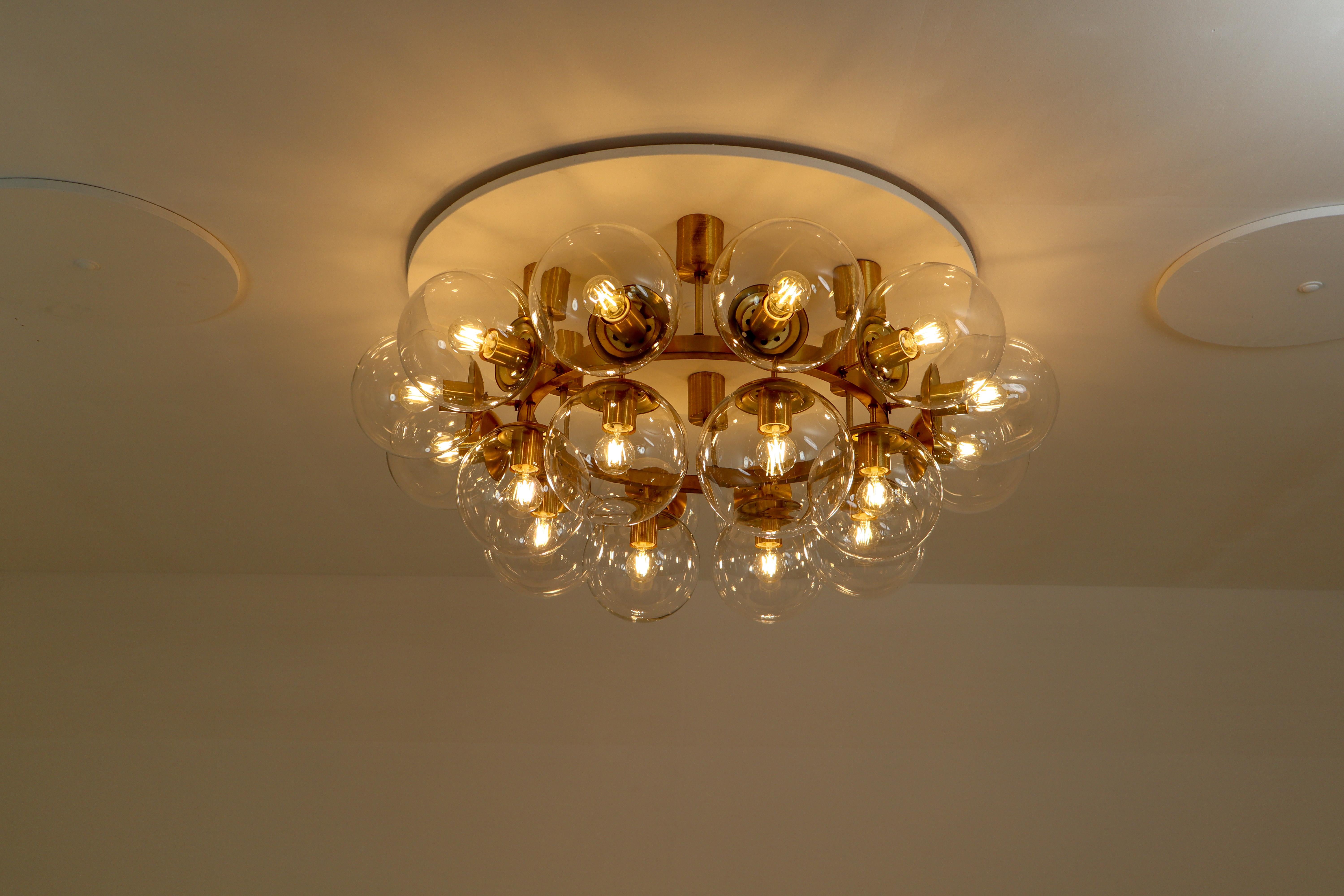 Czech Large Hotel Chandelier in Brass Fixture and 20 Large Hand-Blowed Glass Globes 