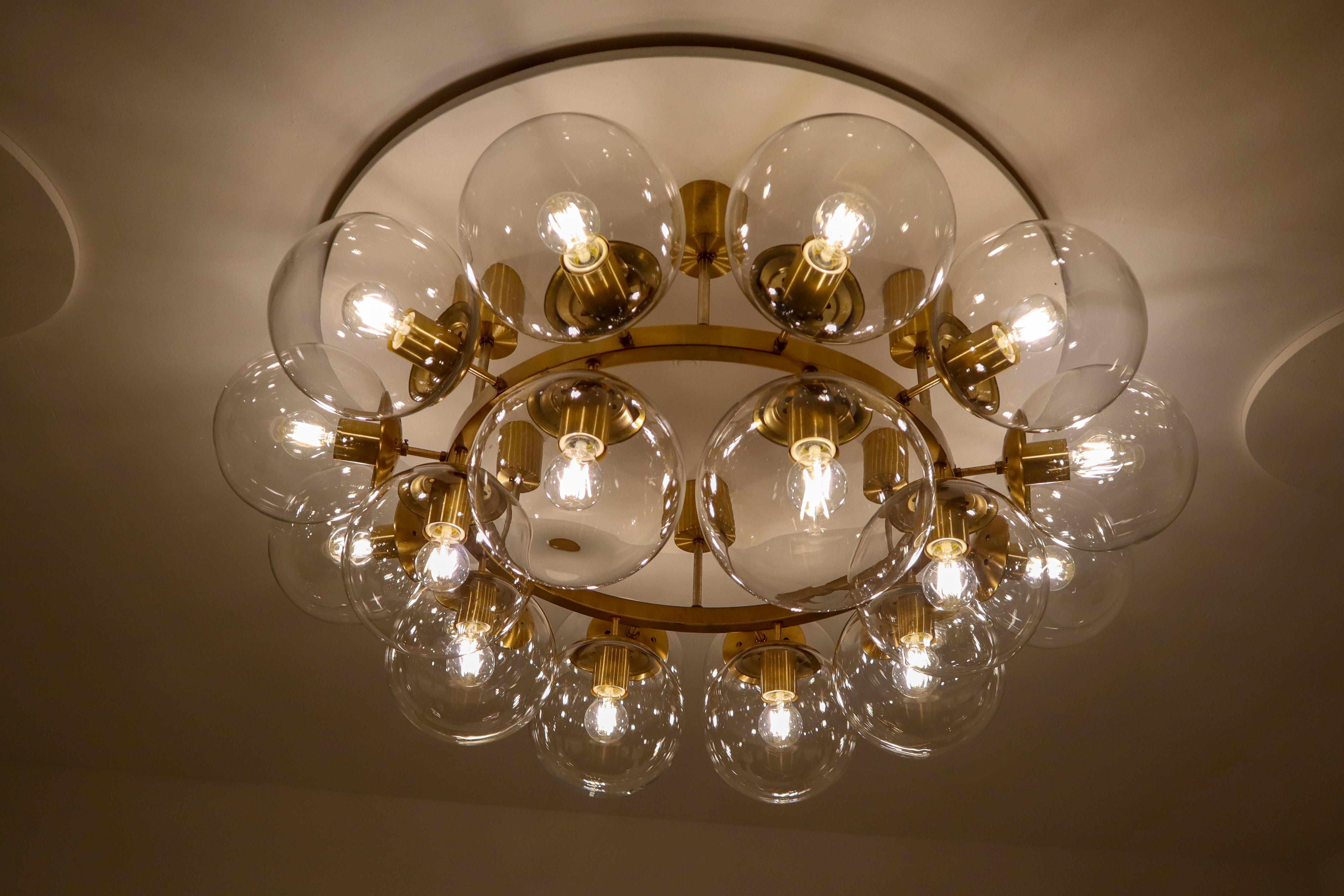 Large Hotel Chandelier in Brass Fixture and 20 Large Hand-Blowed Glass Globes  2