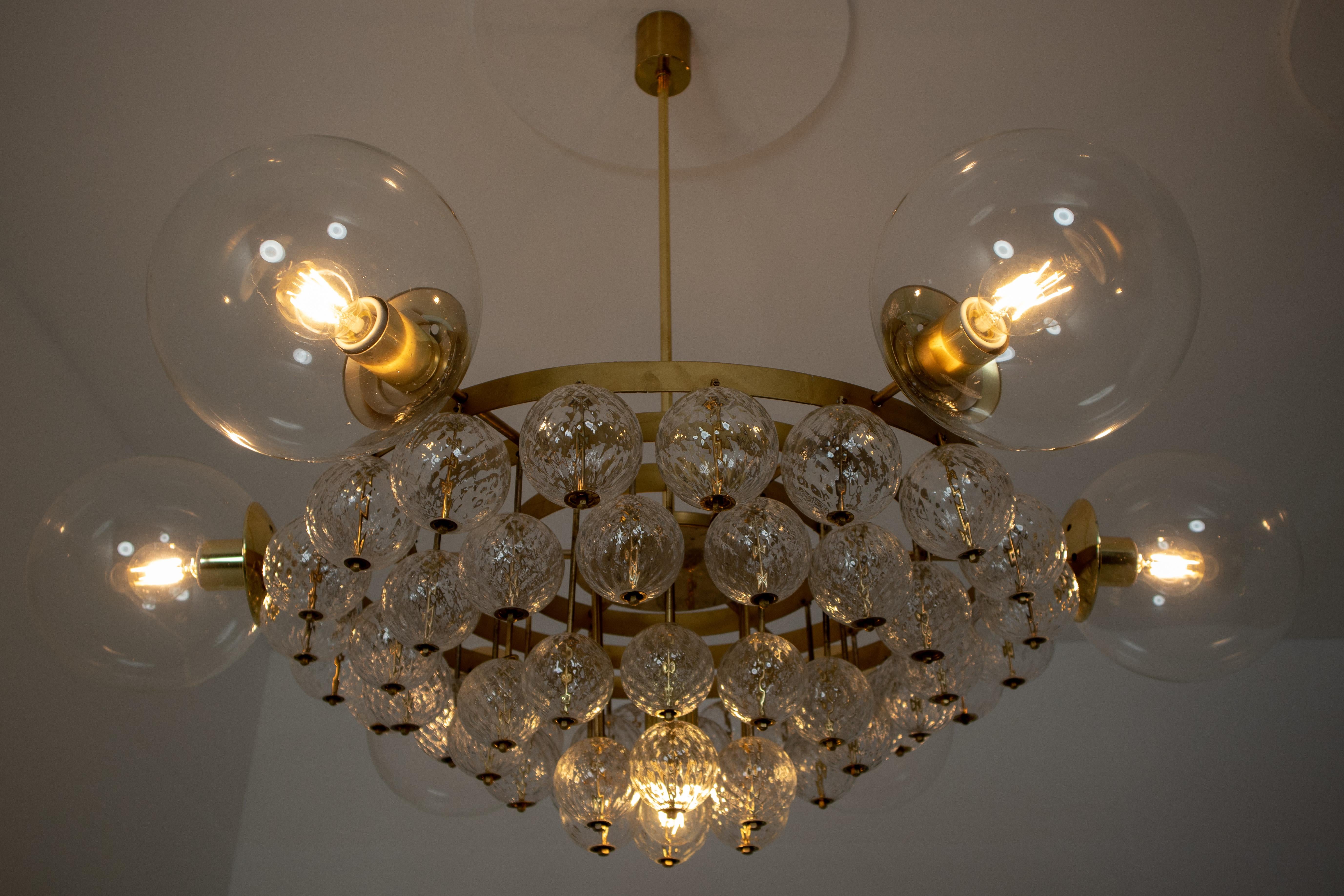 Large Hotel Chandeliers with Brass Fixture and Structured Glass Globes For Sale 3