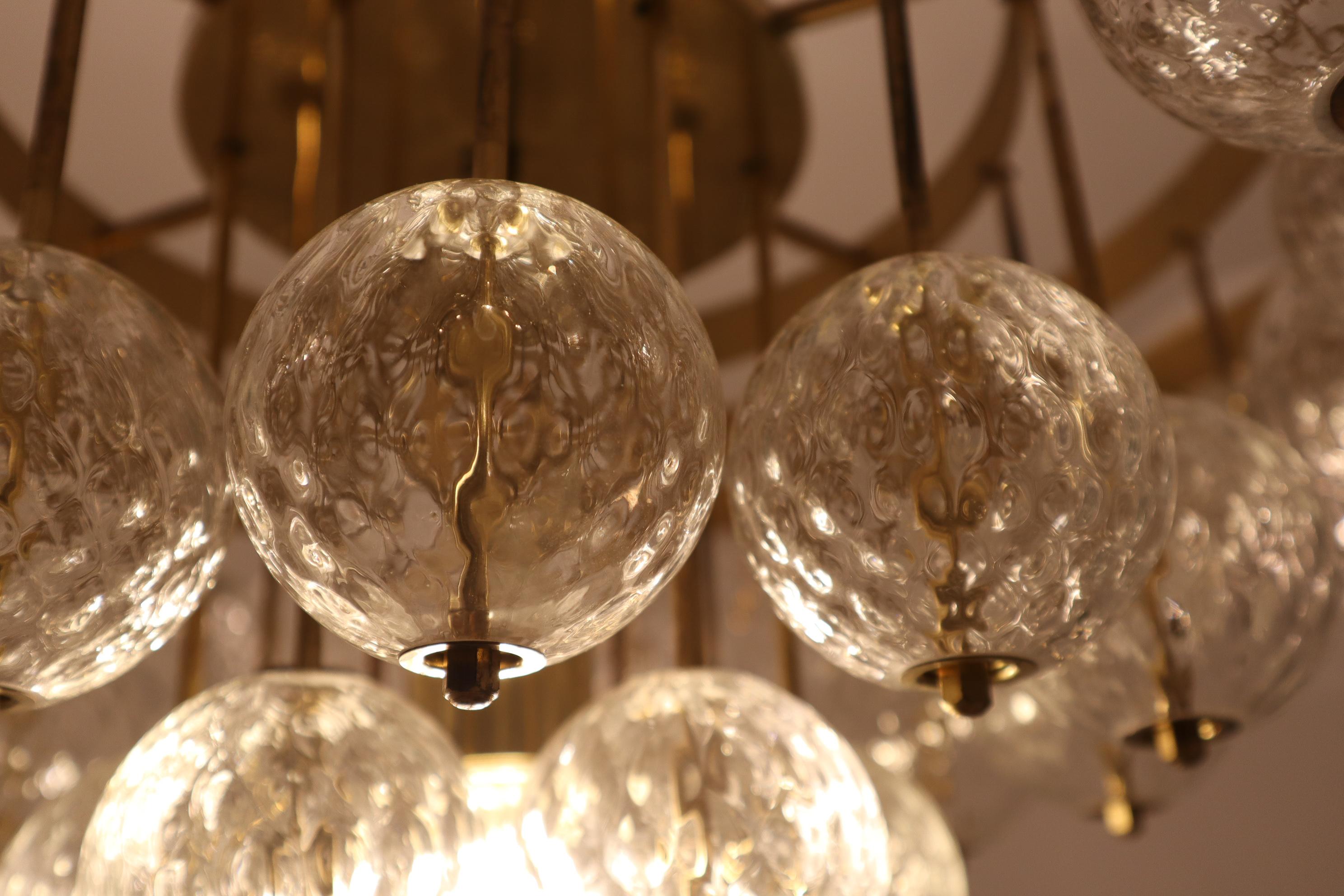 Large Hotel Chandeliers with Brass Fixture and Structured Glass Globes For Sale 4