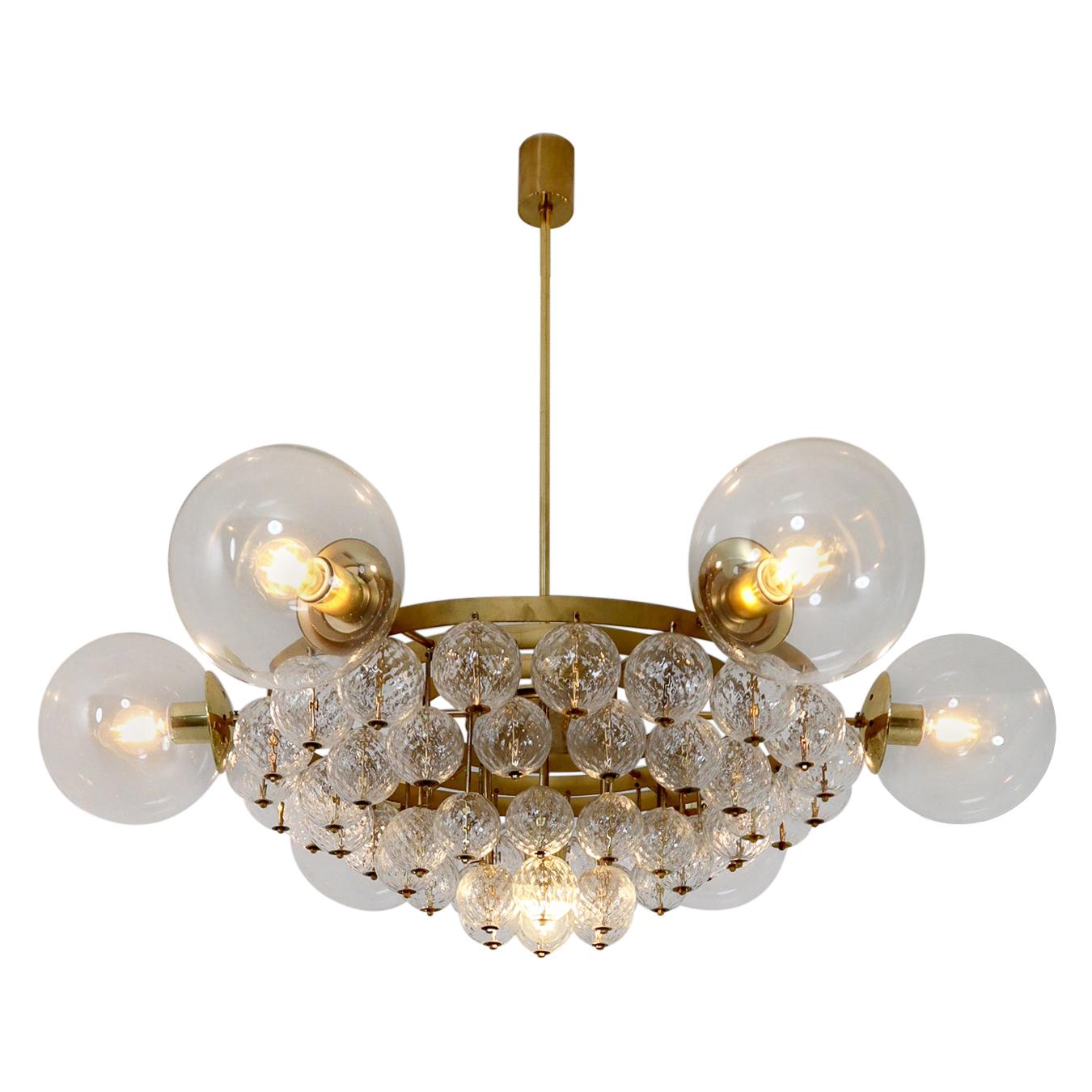 Large Hotel Chandeliers with Brass Fixture and Structured Glass Globes For Sale
