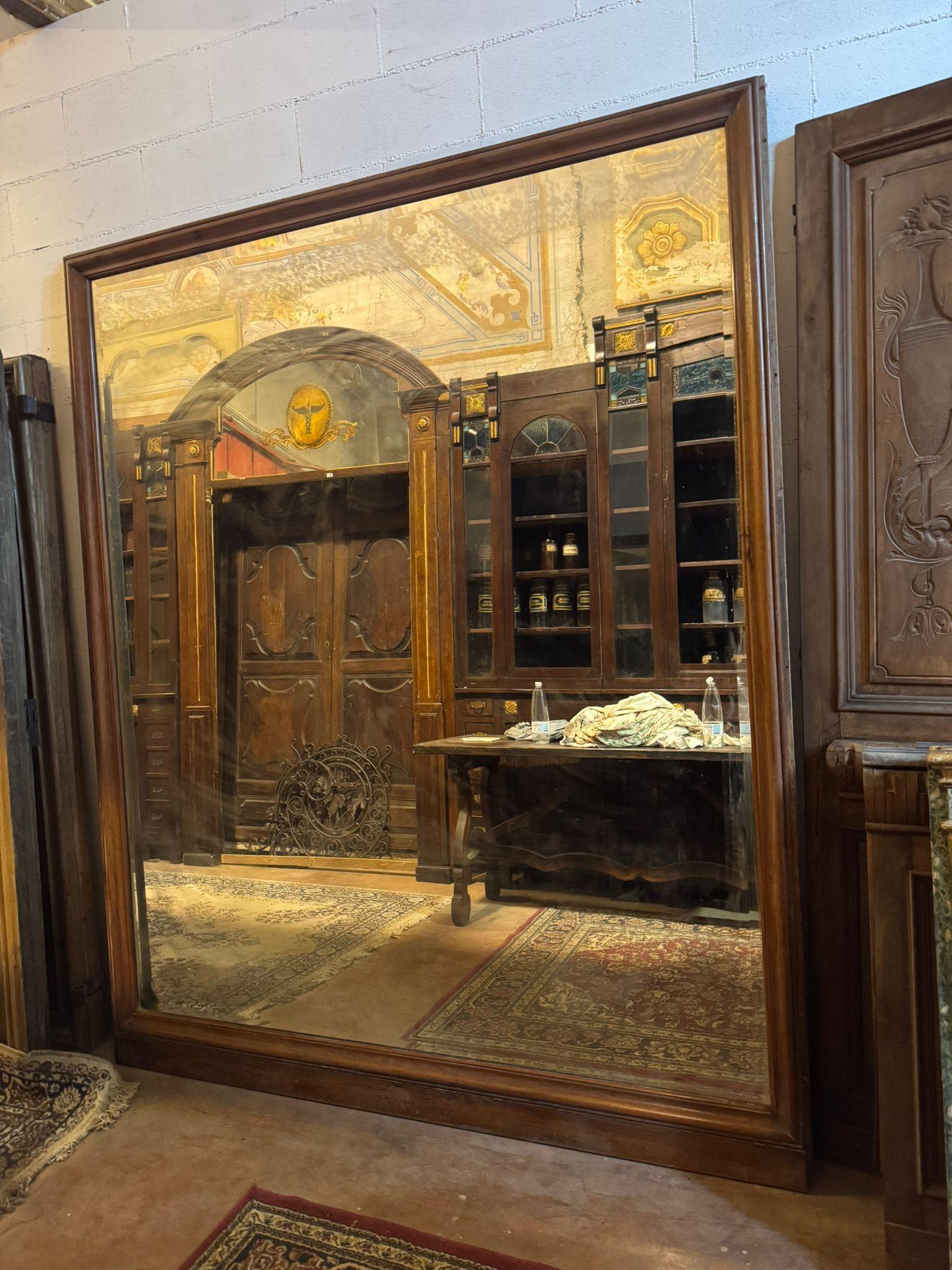 Large Huge Mirror with Walnut Wood Frame, Italy For Sale 1