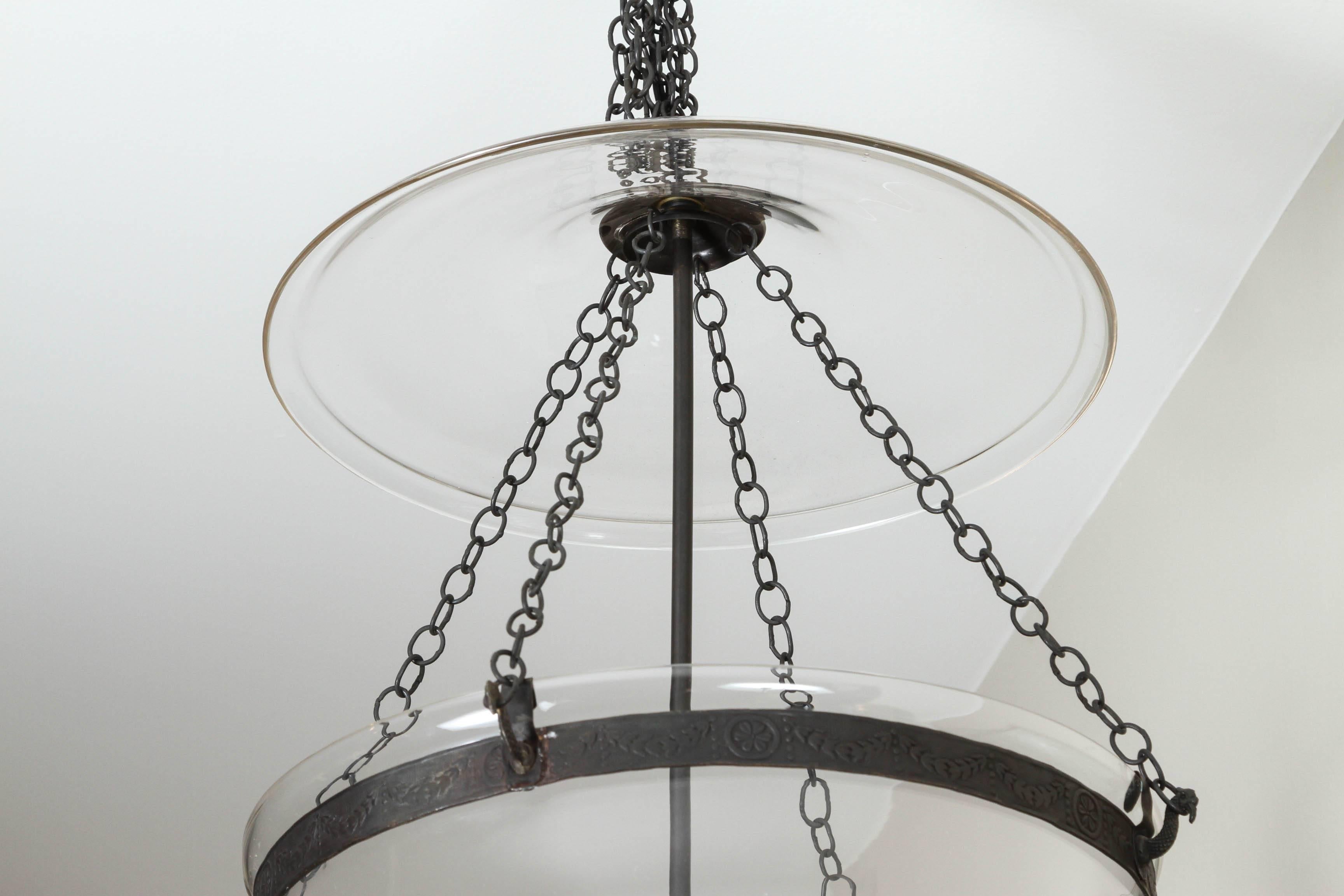 Impressively scaled bell jar fixture with elaborately detailed metal work and etched Greek Key design. Large size 16