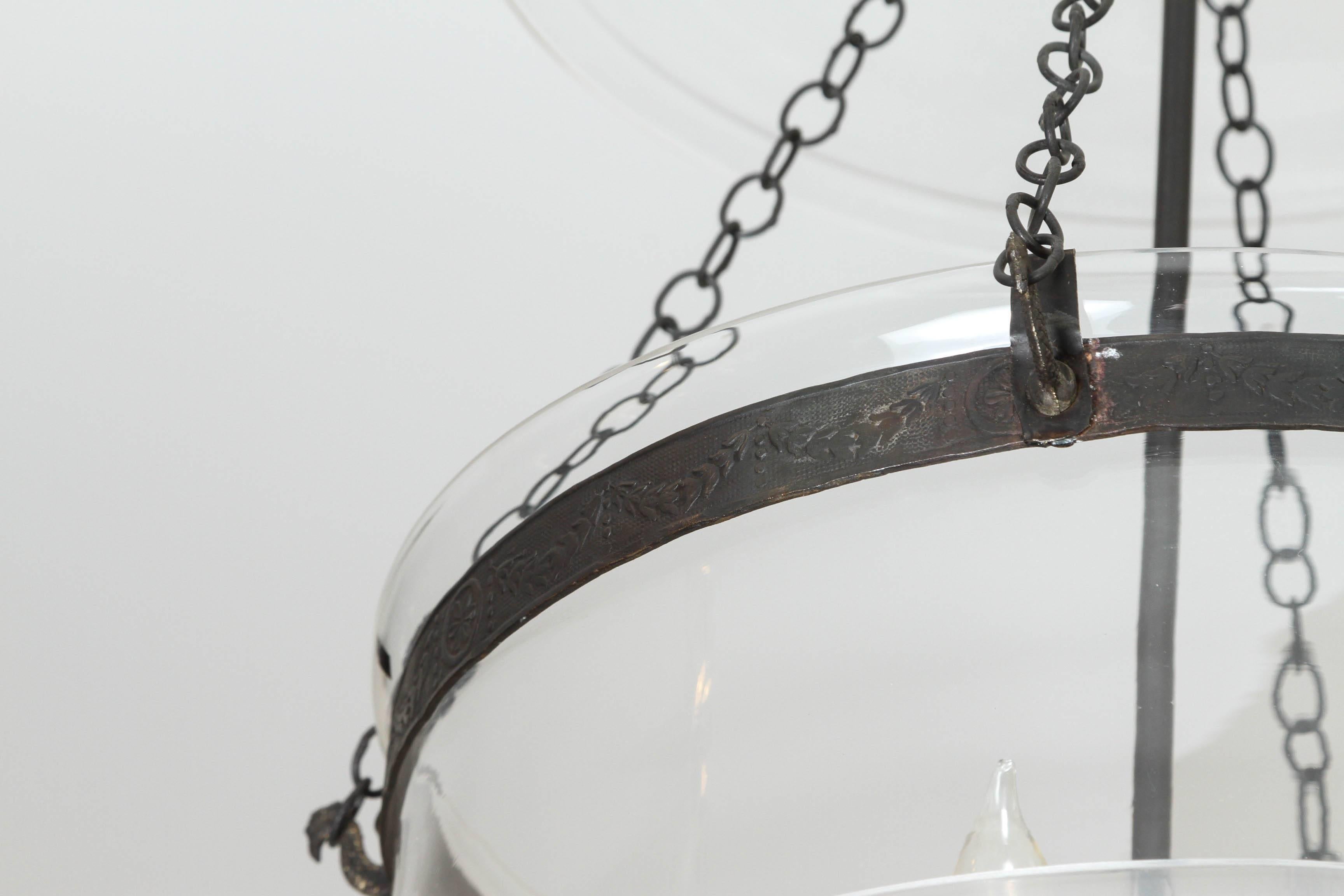 Large Hundi/Bell Jar Fixture with Etched Greek Key Design In Excellent Condition In Los Angeles, CA