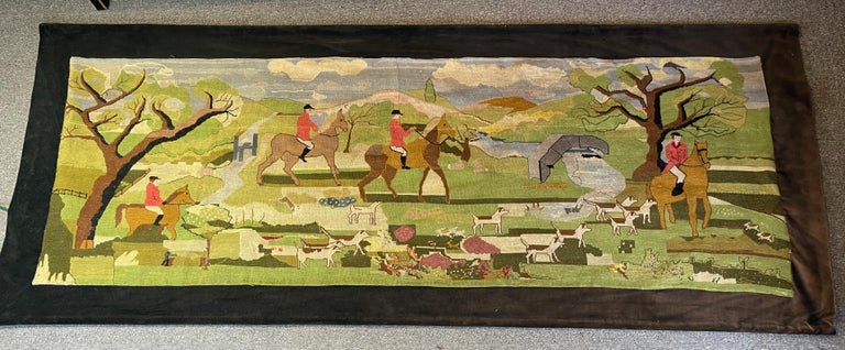 American Large Hunt-Themed Needlepoint Wall Hanging For Sale