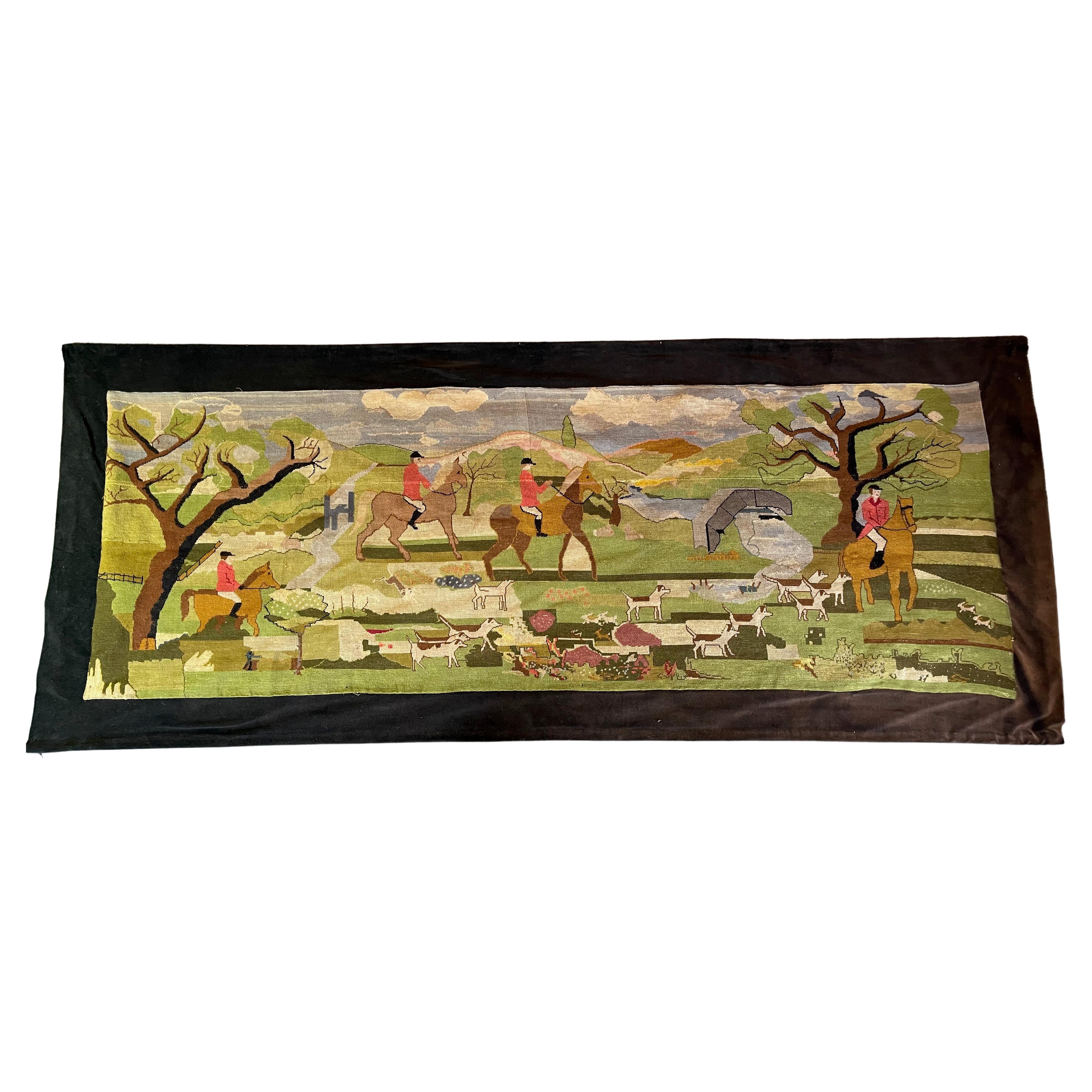 Large Hunt-Themed Needlepoint Wall Hanging For Sale