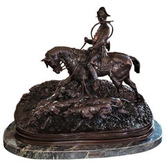 Large Huntsman with His Hounds Bronze Sculpture by PJ Mene, 1869
