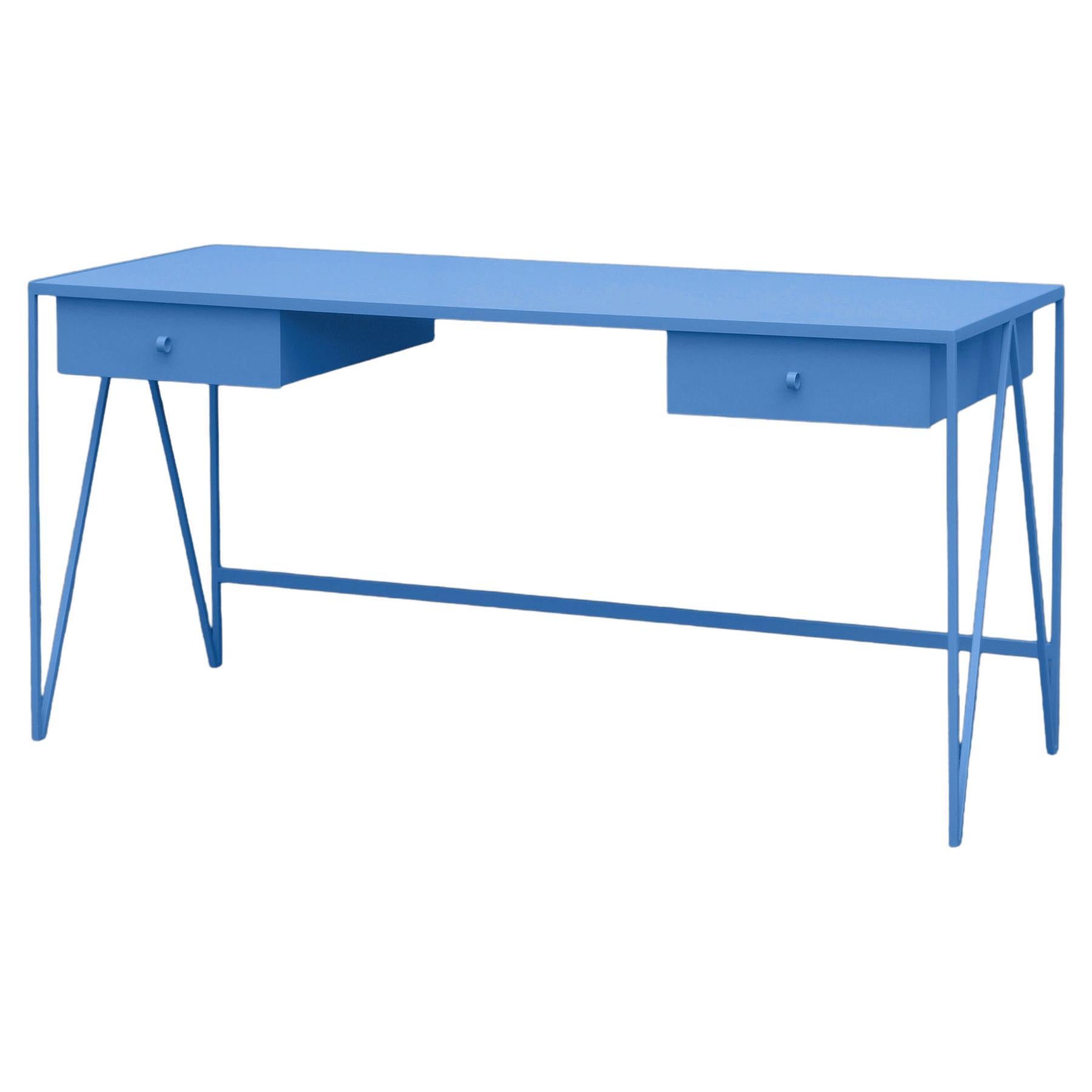 Scrivania contemporanea grande in acciaio blu ghiaccio con due cassetti - personalizzabile